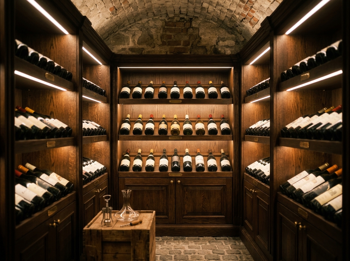 Étagères élégantes de cave à vin avec bouteilles soigneusement alignées et lumière chaude