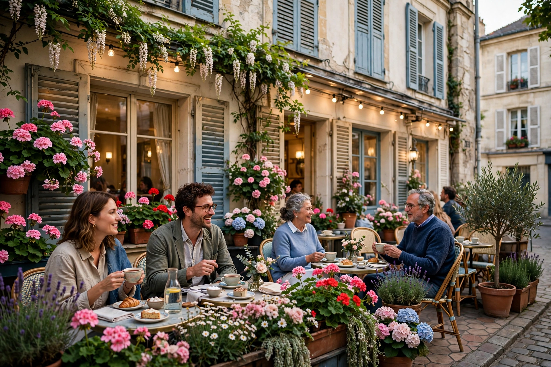 Façade chaleureuse d'un salon de thé de quartier avec terrasse fleurie.