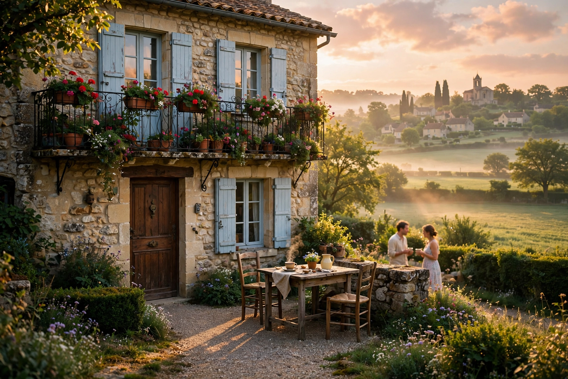 Façade chaleureuse d'une maison d'hôtes dans un paysage français, lumière matinale