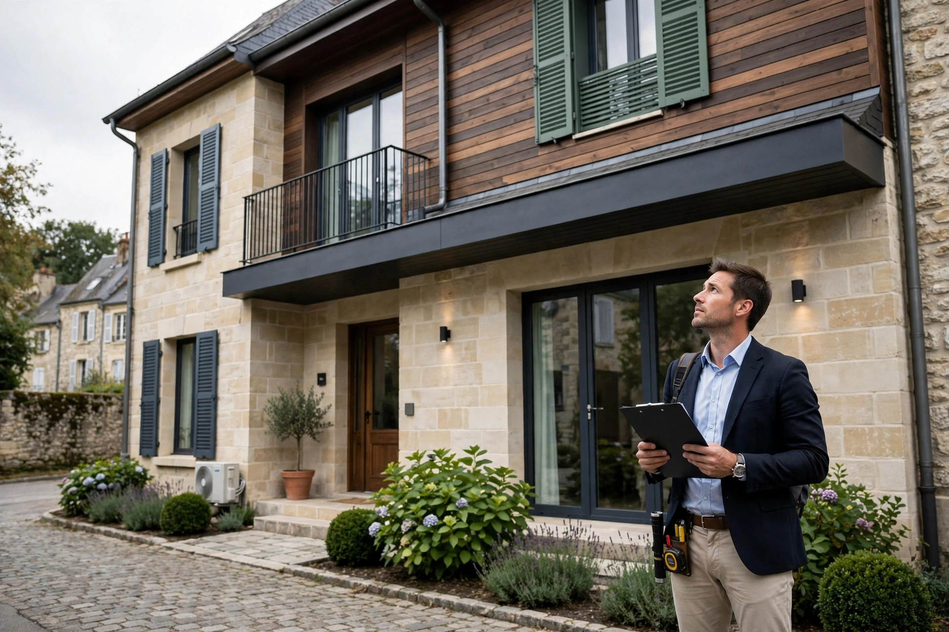 Façade d'une maison contemporaine avec diagnostiqueur immobilier en tenue professionnelle