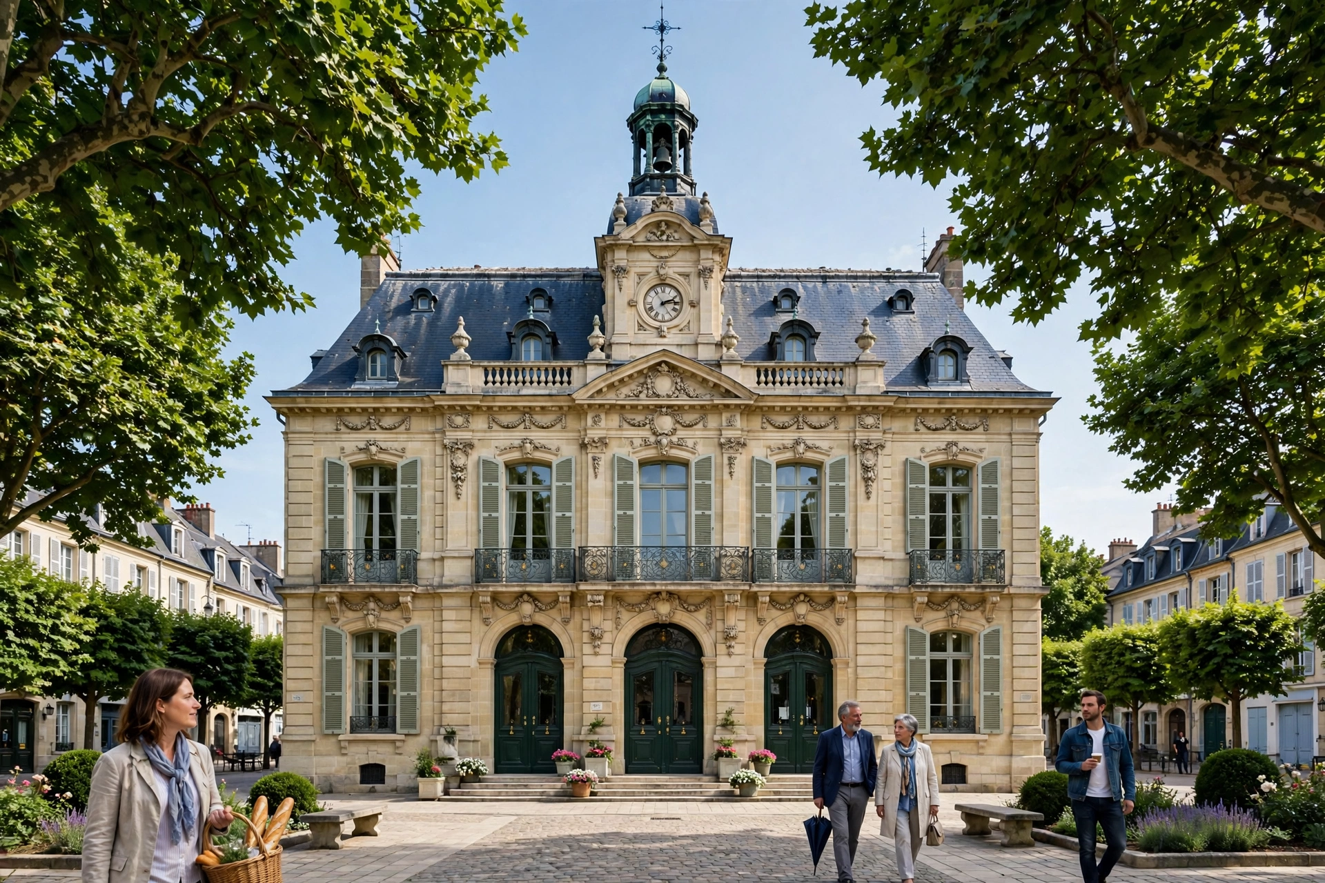 Façade élégante d'une mairie française avec arbres et ciel clair