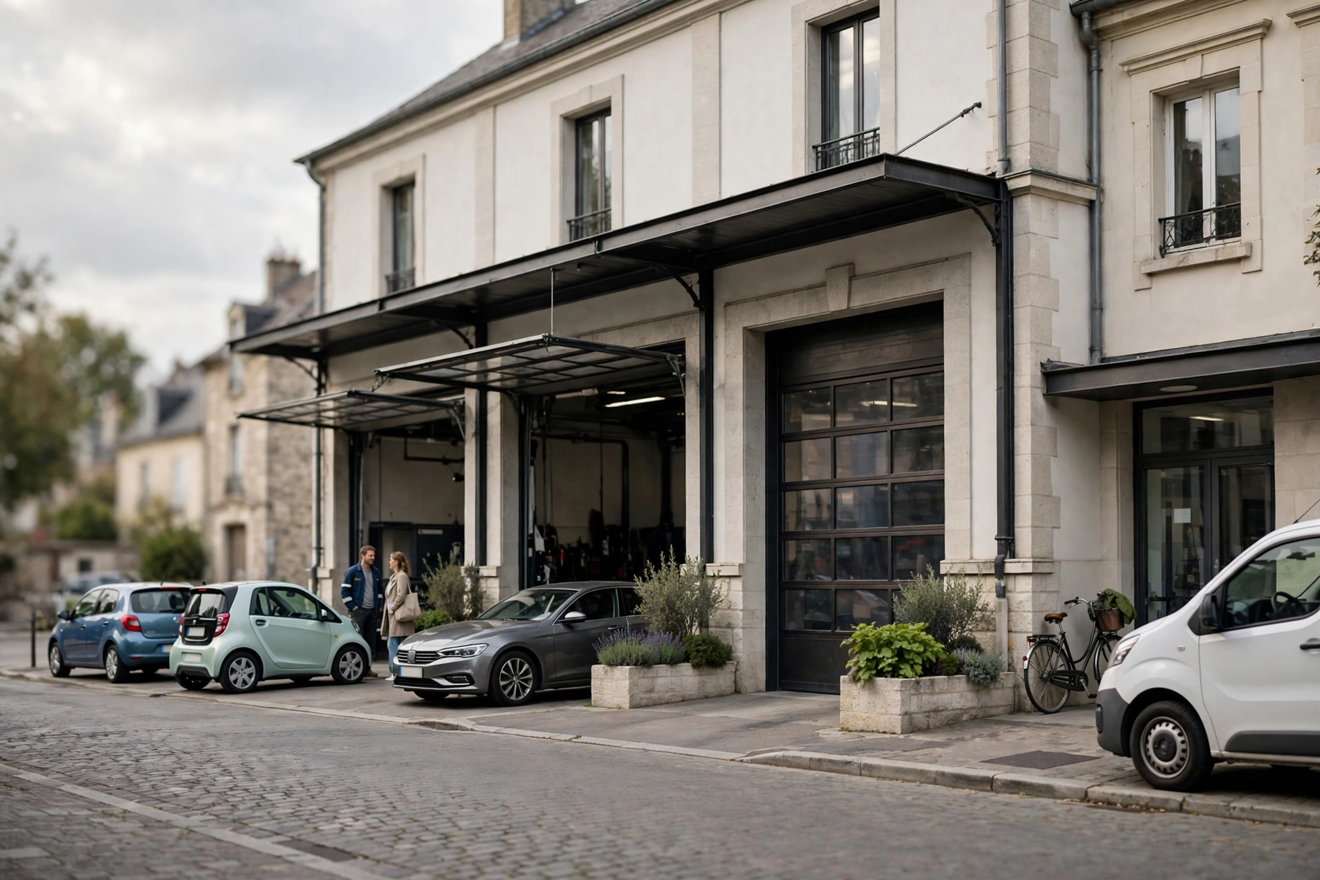 Façade sobre d'un centre automobile avec voitures stationnées, vue de rue en journée.