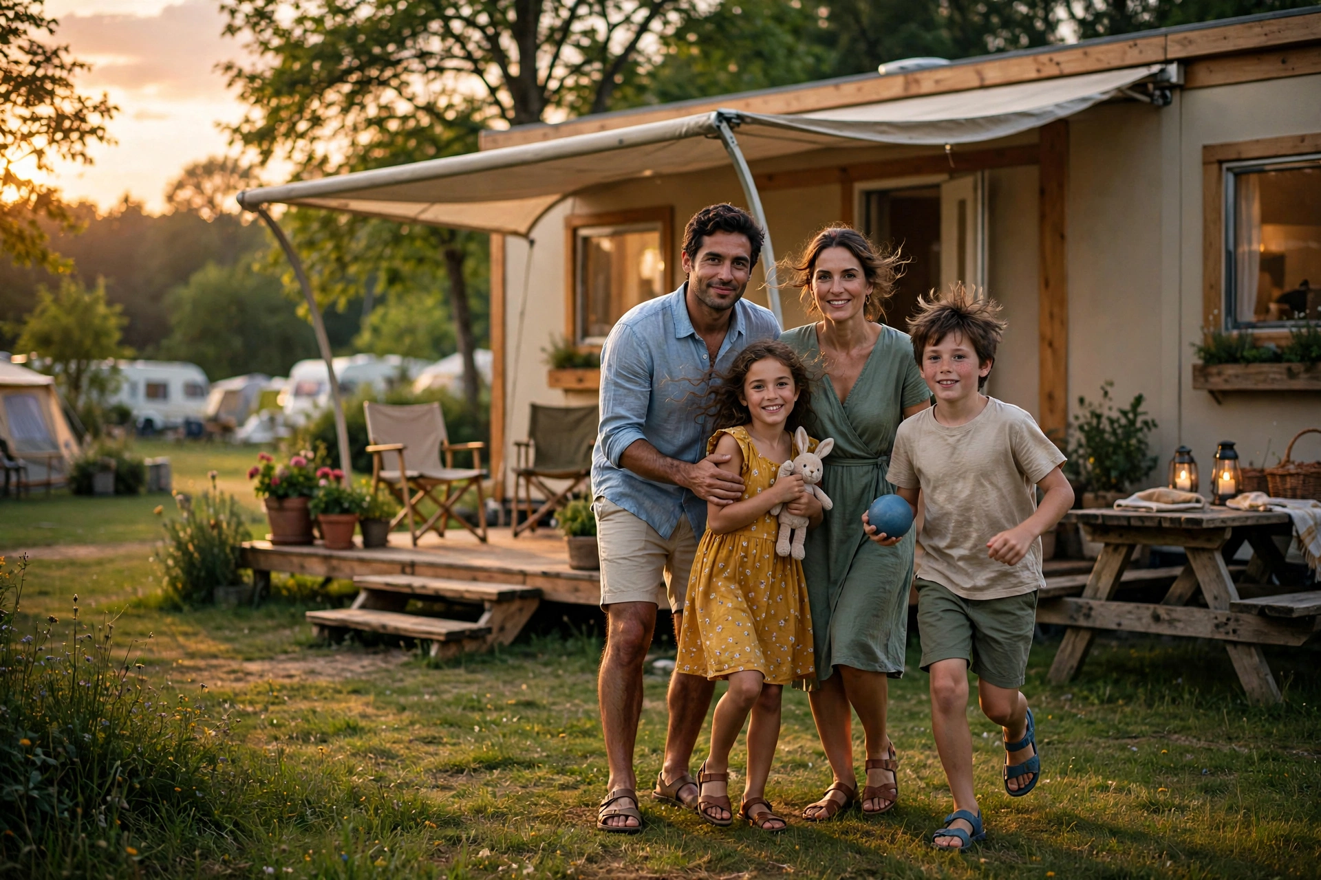Famille devant un mobil-home dans un camping verdoyant au coucher du soleil