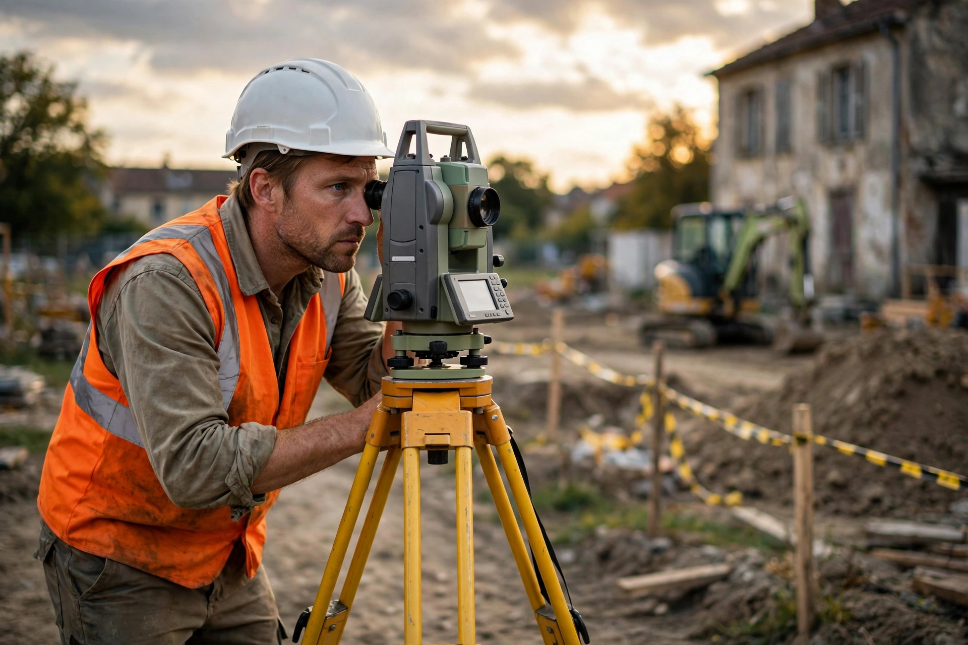Géomètre utilisant un instrument de topographie sur un chantier extérieur