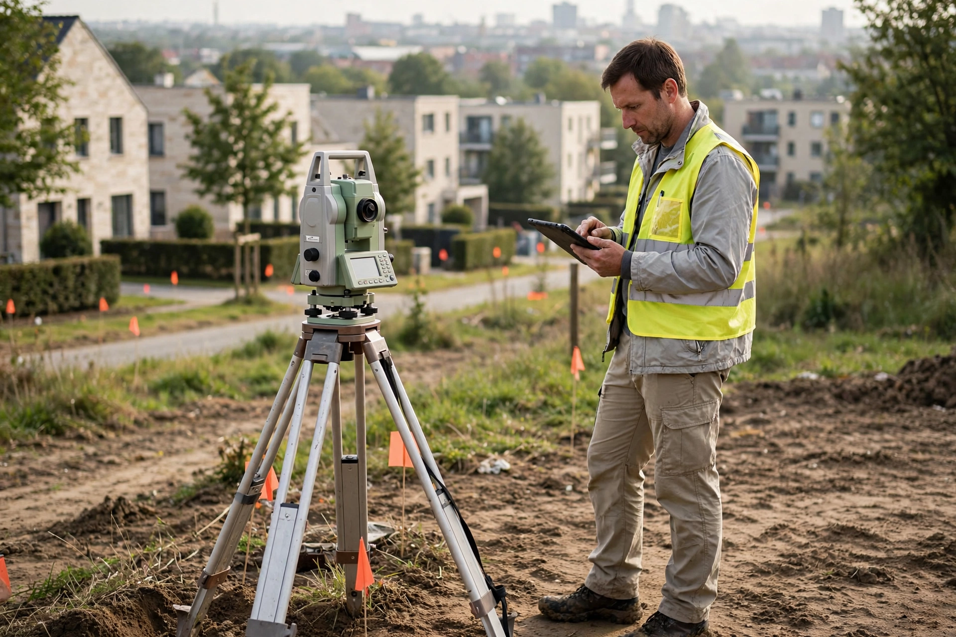 Géomètre-expert sur le terrain avec trépied de mesure, paysage périurbain
