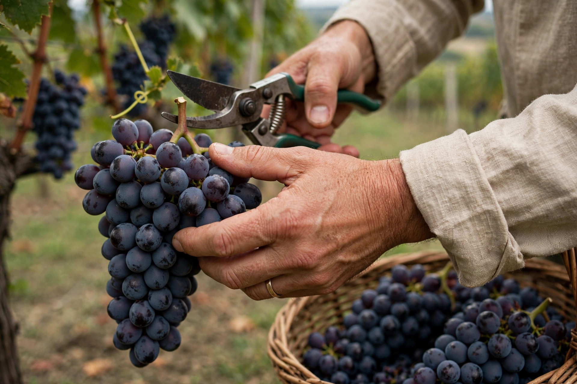 Gros plan de mains récoltant des grappes de raisin mûr dans une vigne