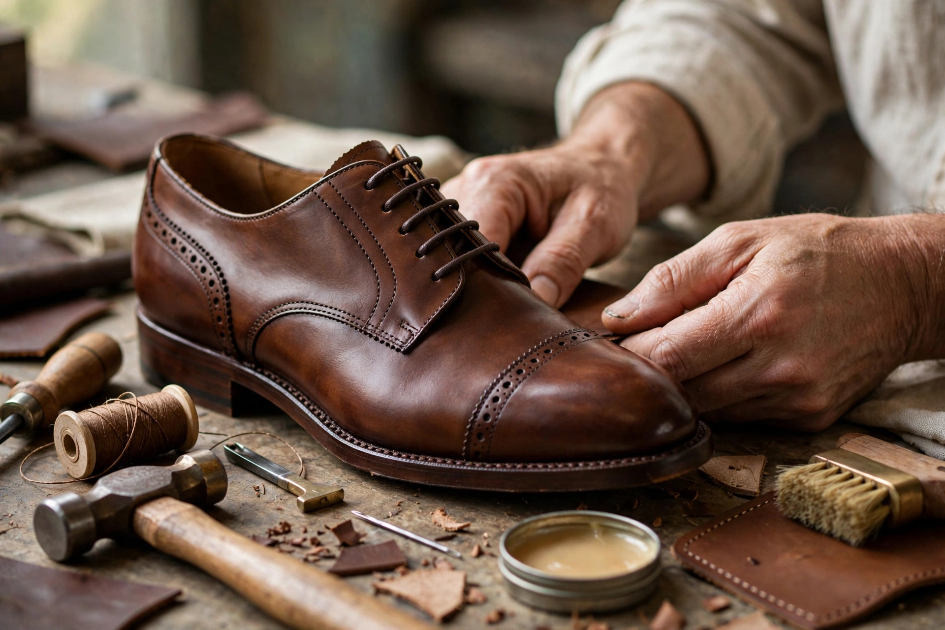 Gros plan esthétique de chaussures en cuir restaurées et d'outils de cordonnier