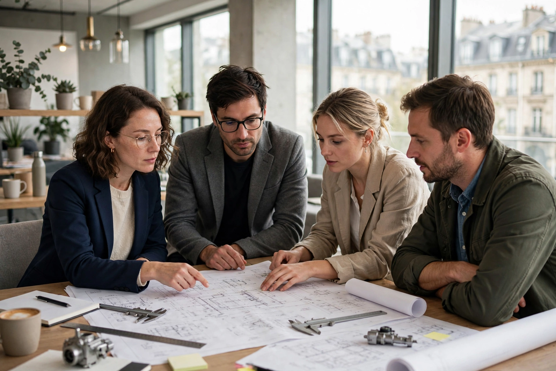 Ingénieurs réunis autour de plans techniques dans un bureau lumineux