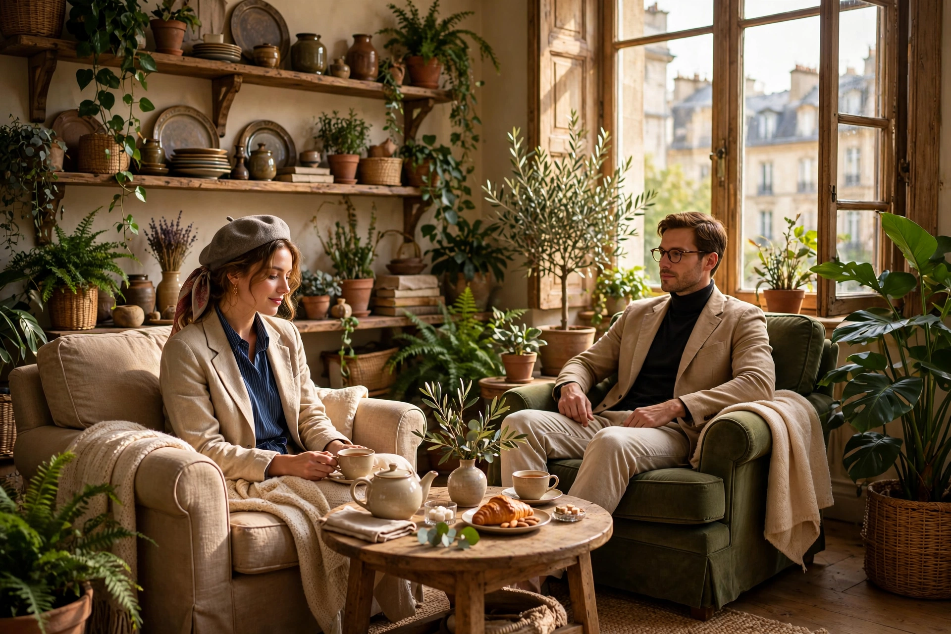 Intérieur cosy d'un salon de thé avec fauteuils, plantes, étagères et lumière naturelle.