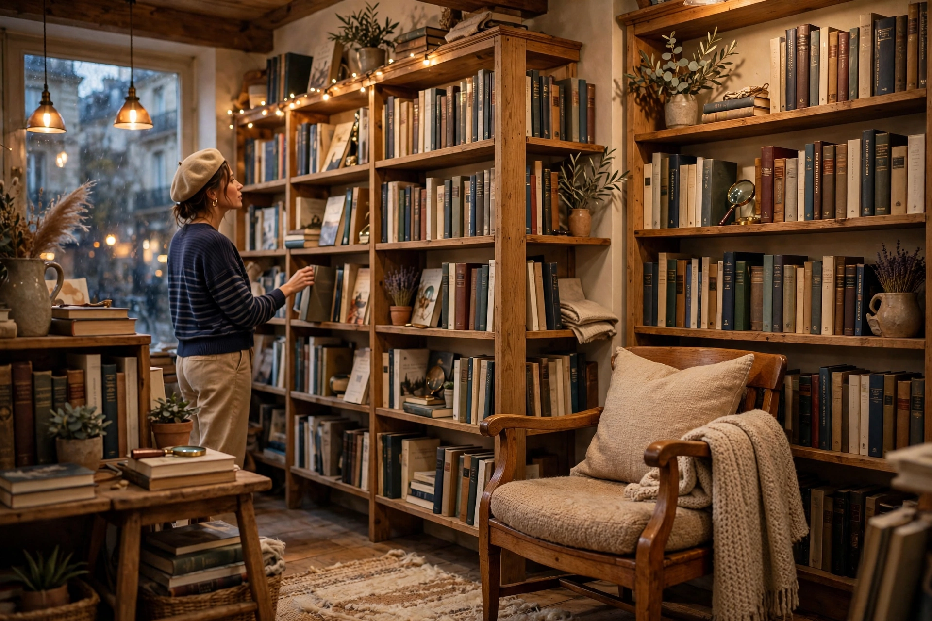 Librairie indépendante chaleureuse, rayonnages de livres et fauteuil en bois, lumière douce