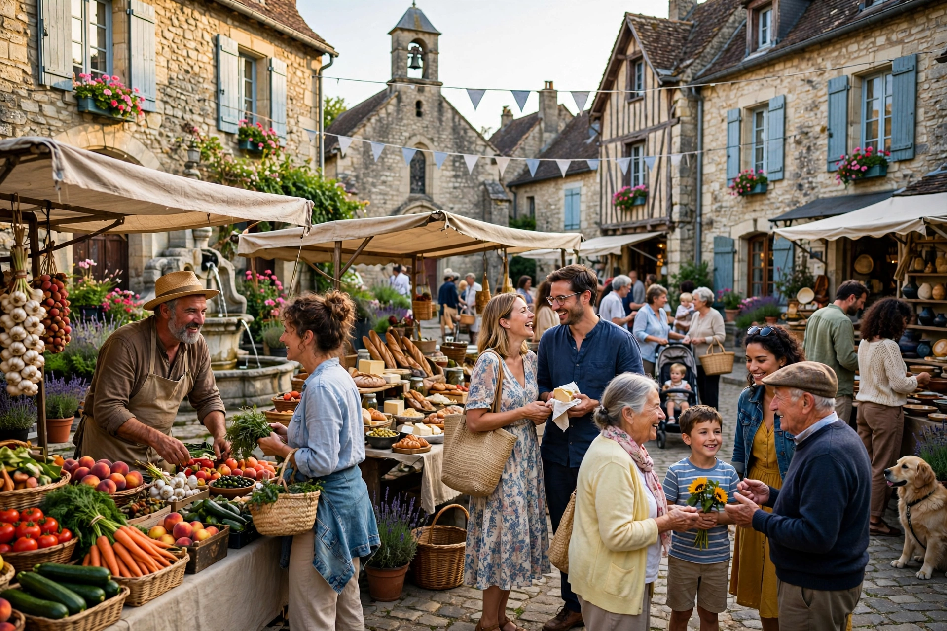 Marché ou fête de village en France avec habitants, ambiance conviviale