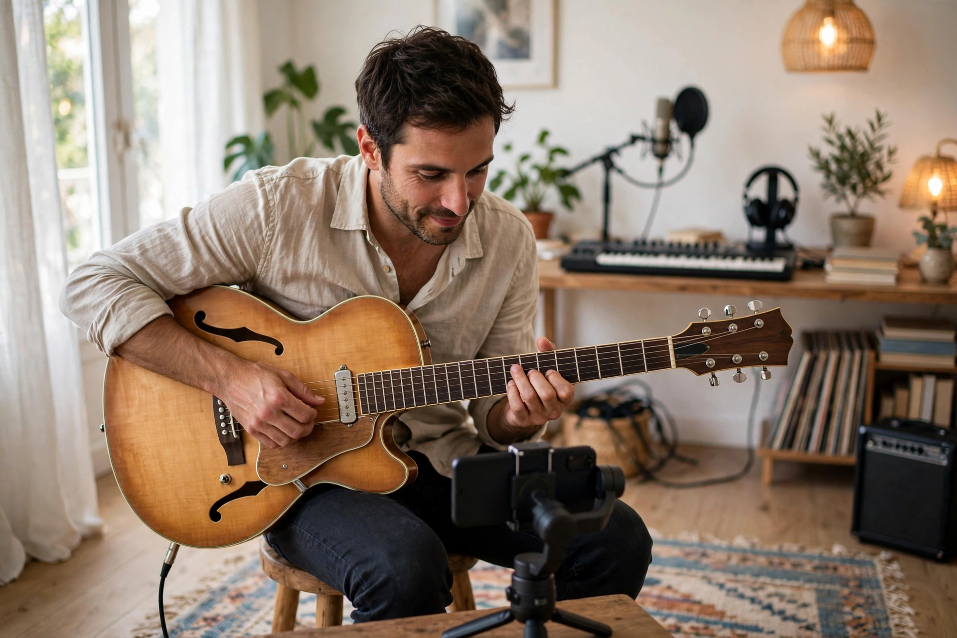 Musicien filmant une démonstration de guitare dans un home studio lumineux.