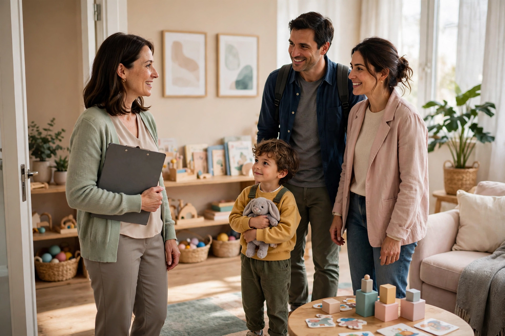 Orthophoniste accueillant une famille dans un cabinet lumineux et apaisant.