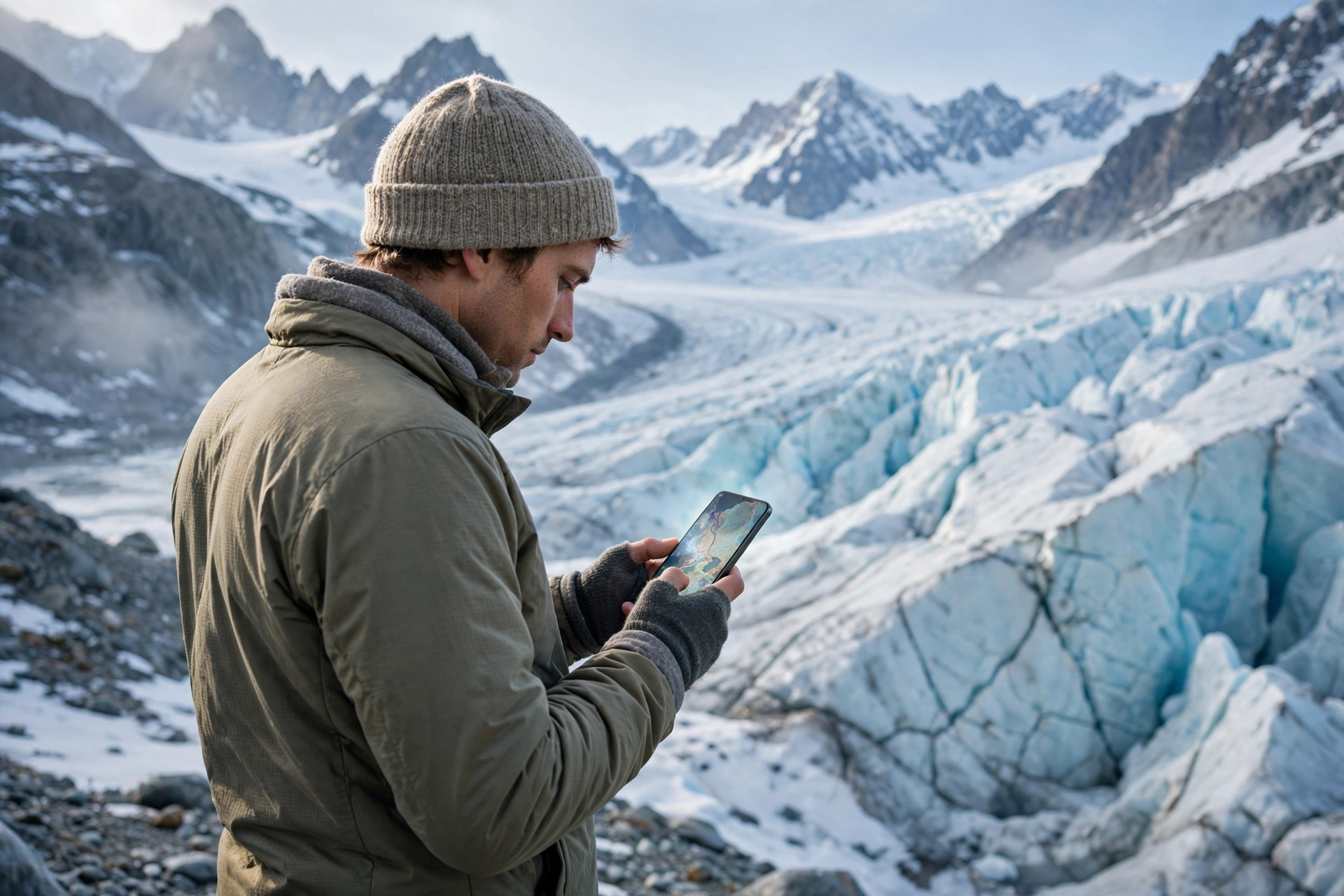 Personne consultant une carte sur son smartphone devant un glacier