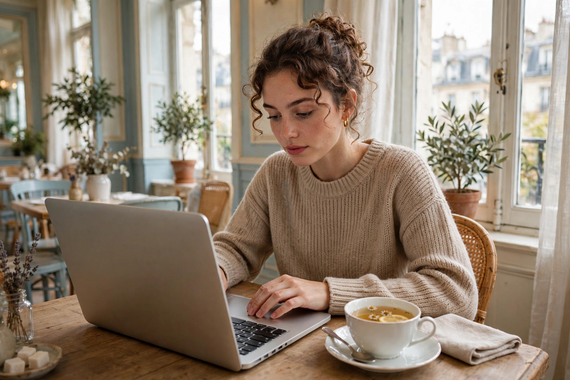 Personne travaillant sur un ordinateur portable dans un salon de thé lumineux, tasse de thé à côté.