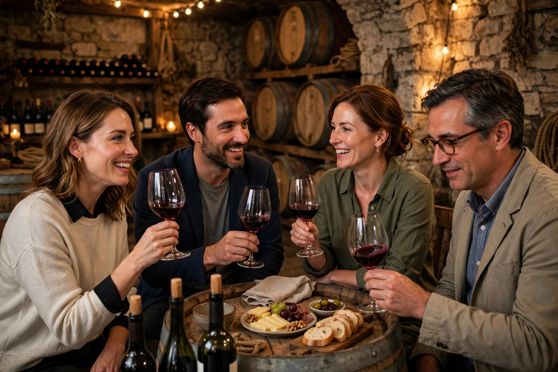 Petit groupe participant à une dégustation de vin dans un chai chaleureux