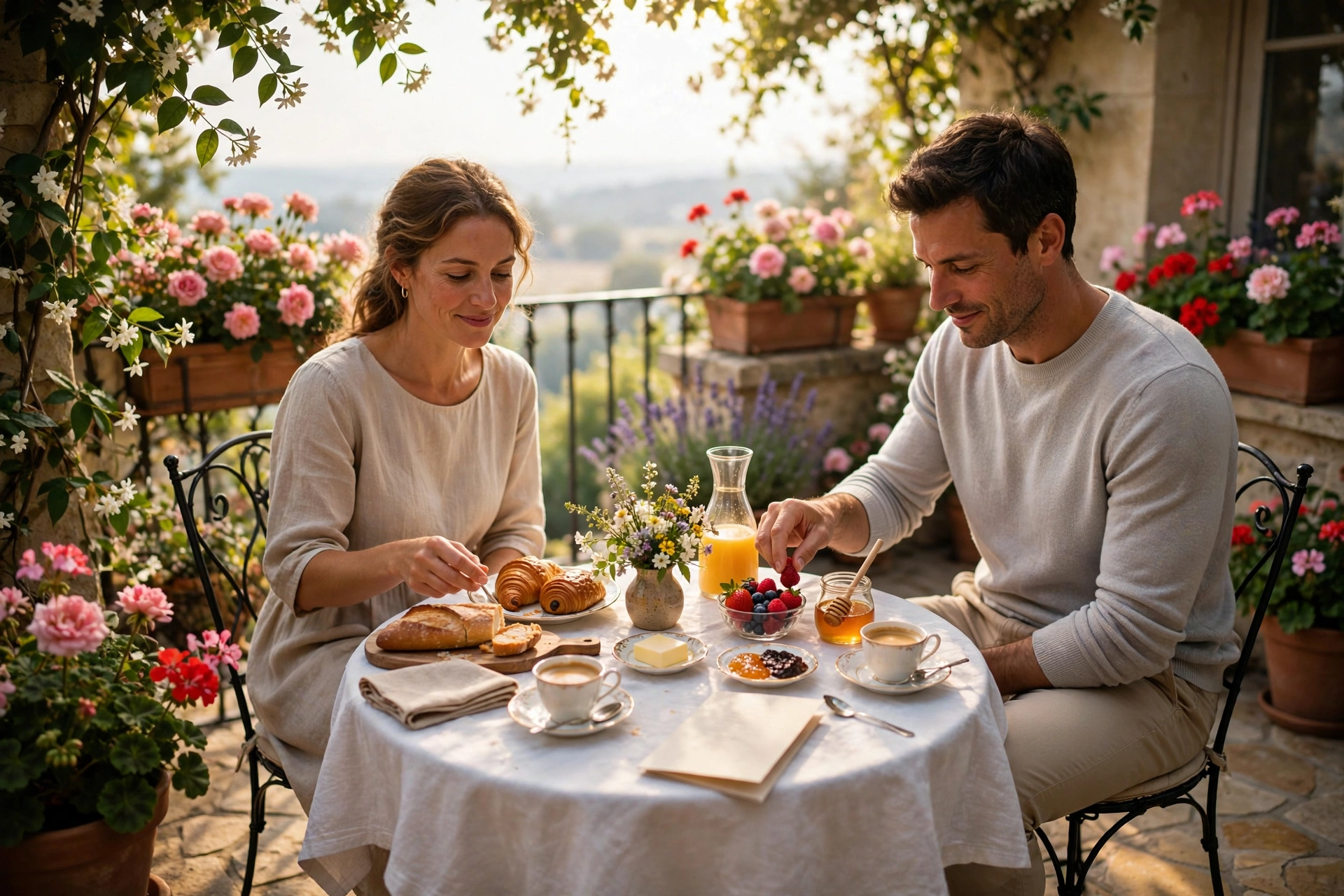 Petit-déjeuner raffiné servi sur une terrasse fleurie de maison d'hôtes