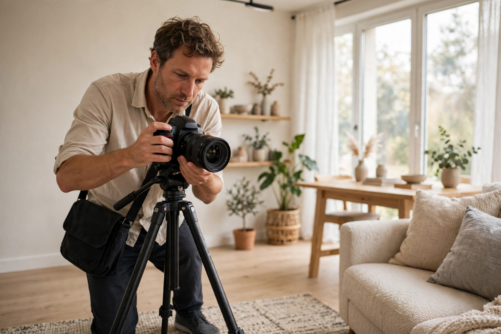 Photographe immobilier préparant son appareil dans un intérieur lumineux et contemporain