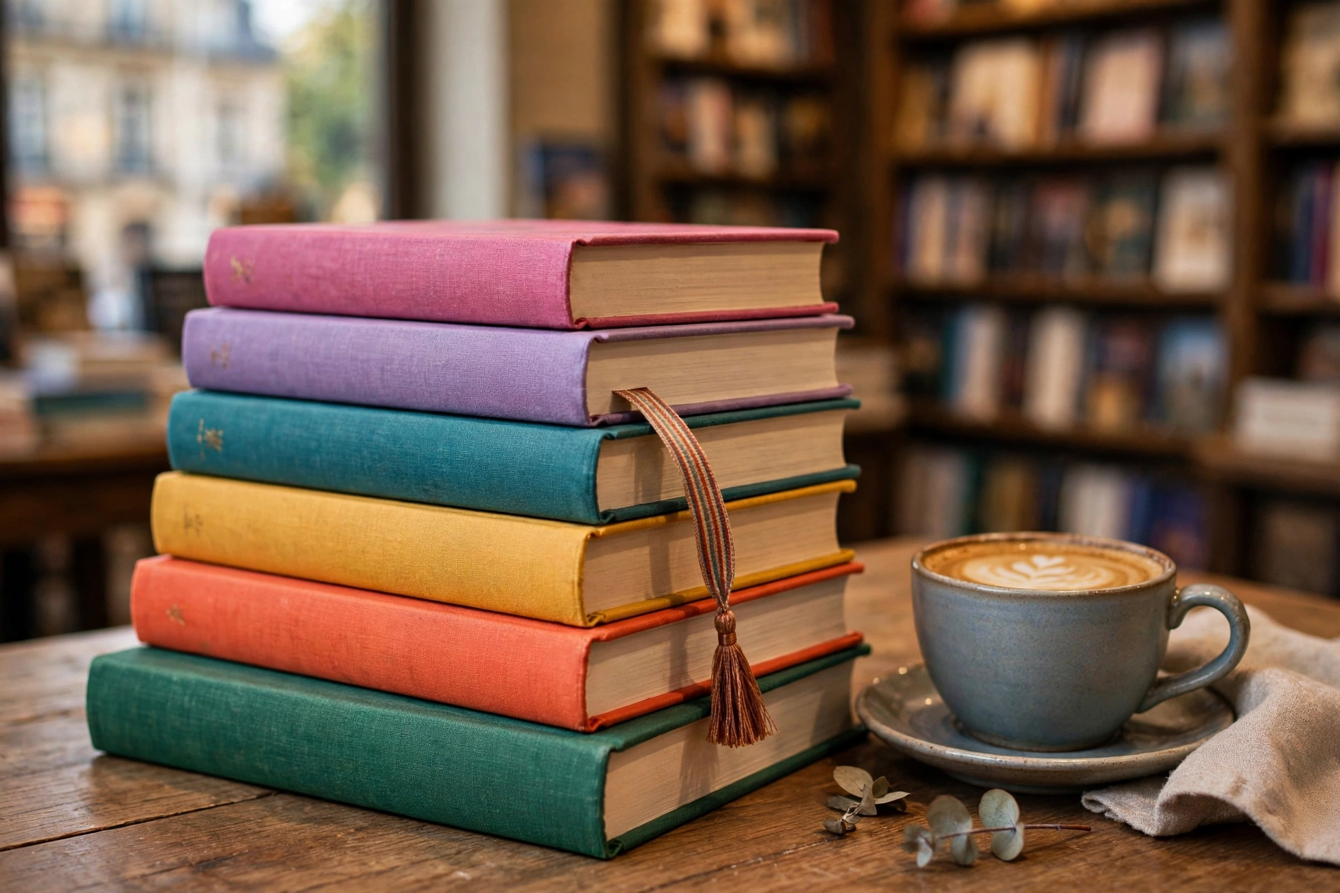 Pile de romans colorés sur une table de librairie, marque-page et tasse de café