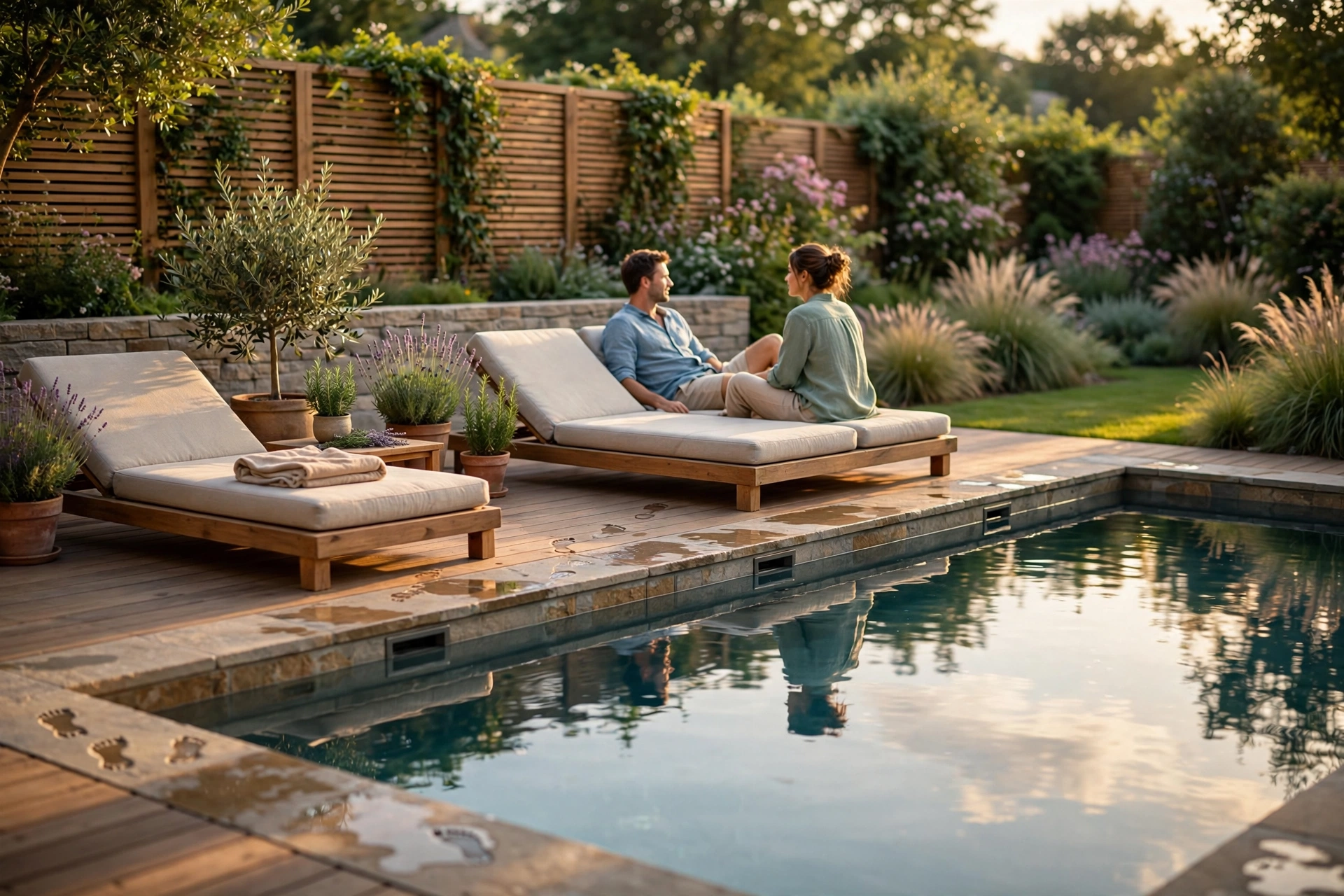 Piscine contemporaine dans un jardin lumineux avec terrasse en bois et végétation