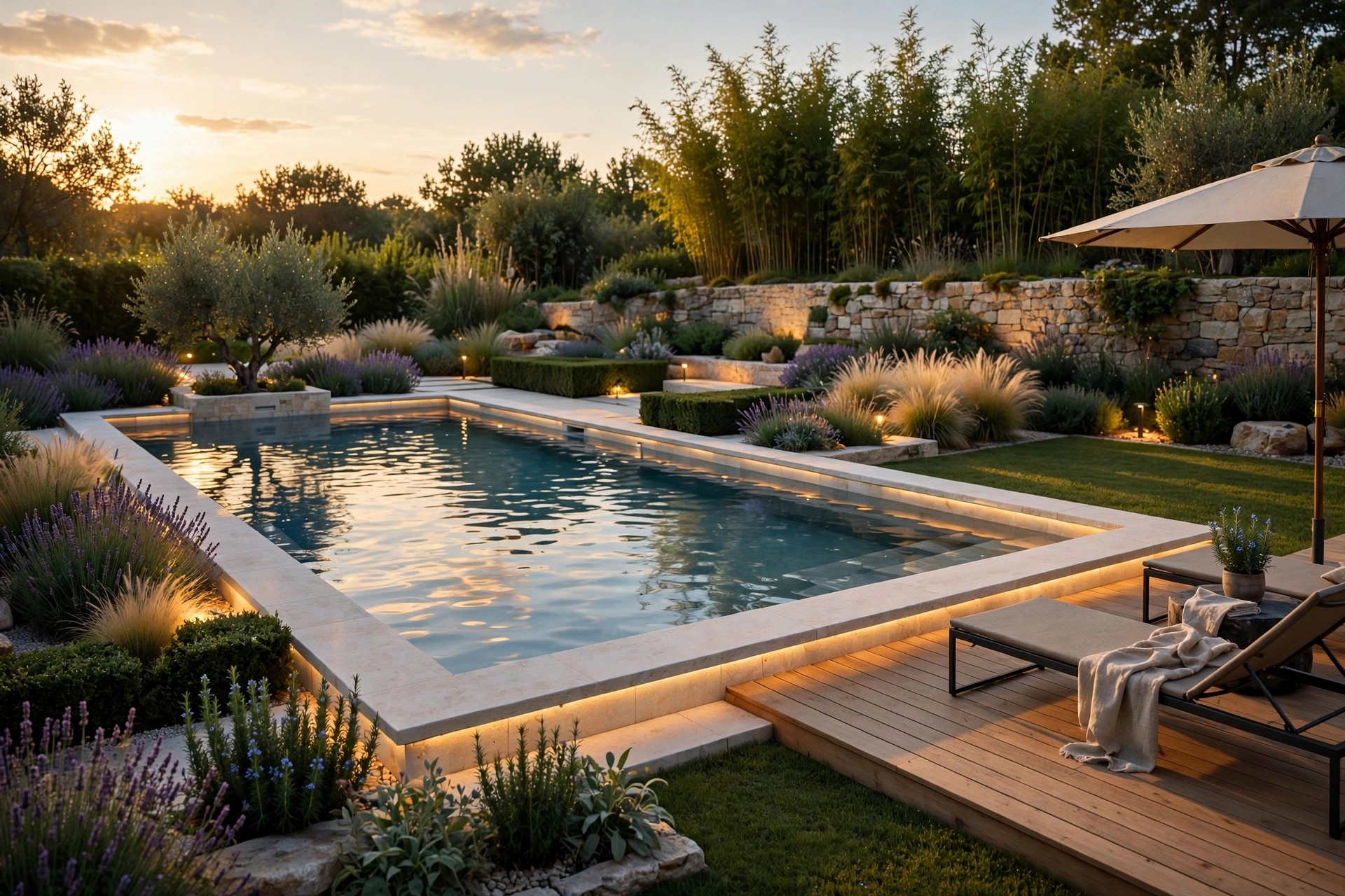 Piscine rectangulaire moderne avec margelles claires et jardin paysager