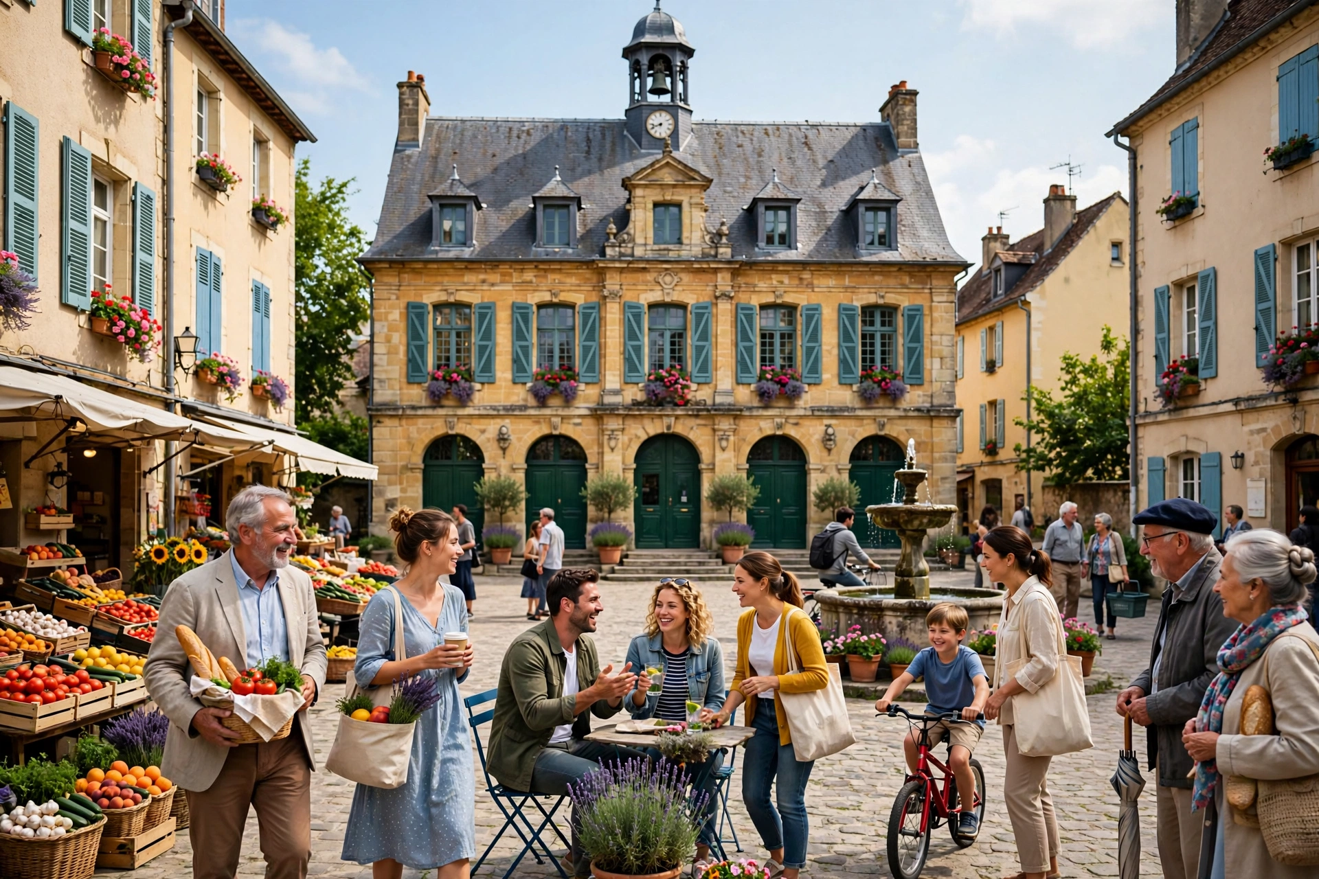Place de village française avec mairie et habitants, style photo lumineux