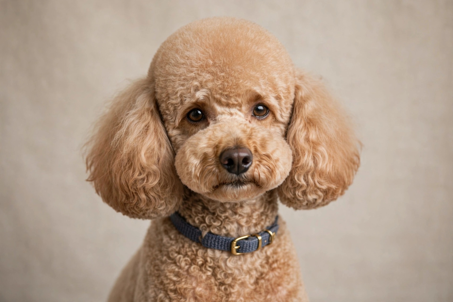 Portrait esthétique d'un chien fraîchement toiletté, pelage soigné, fond neutre