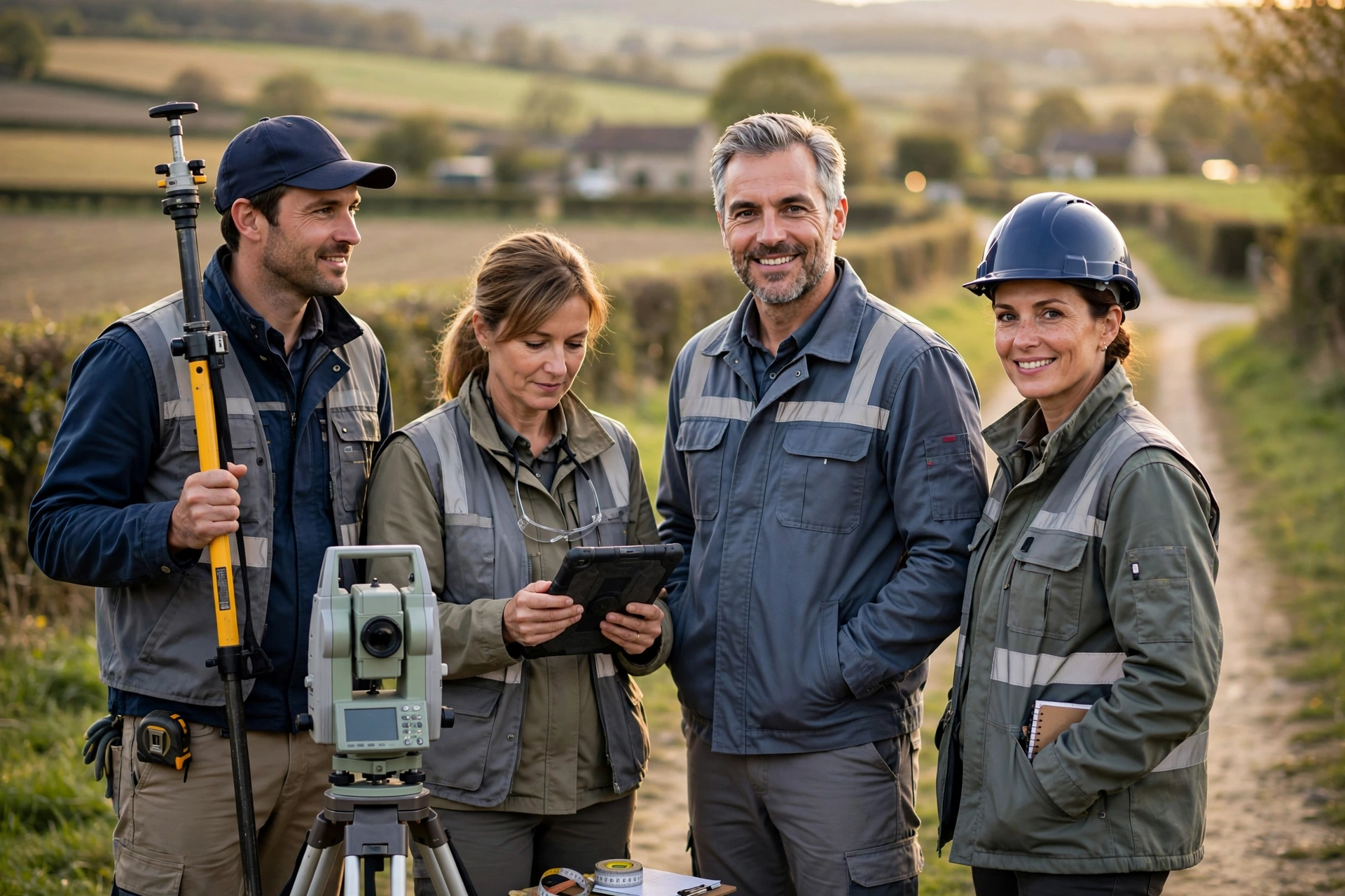 Portrait professionnel d'une petite équipe de géomètres devant un paysage rural