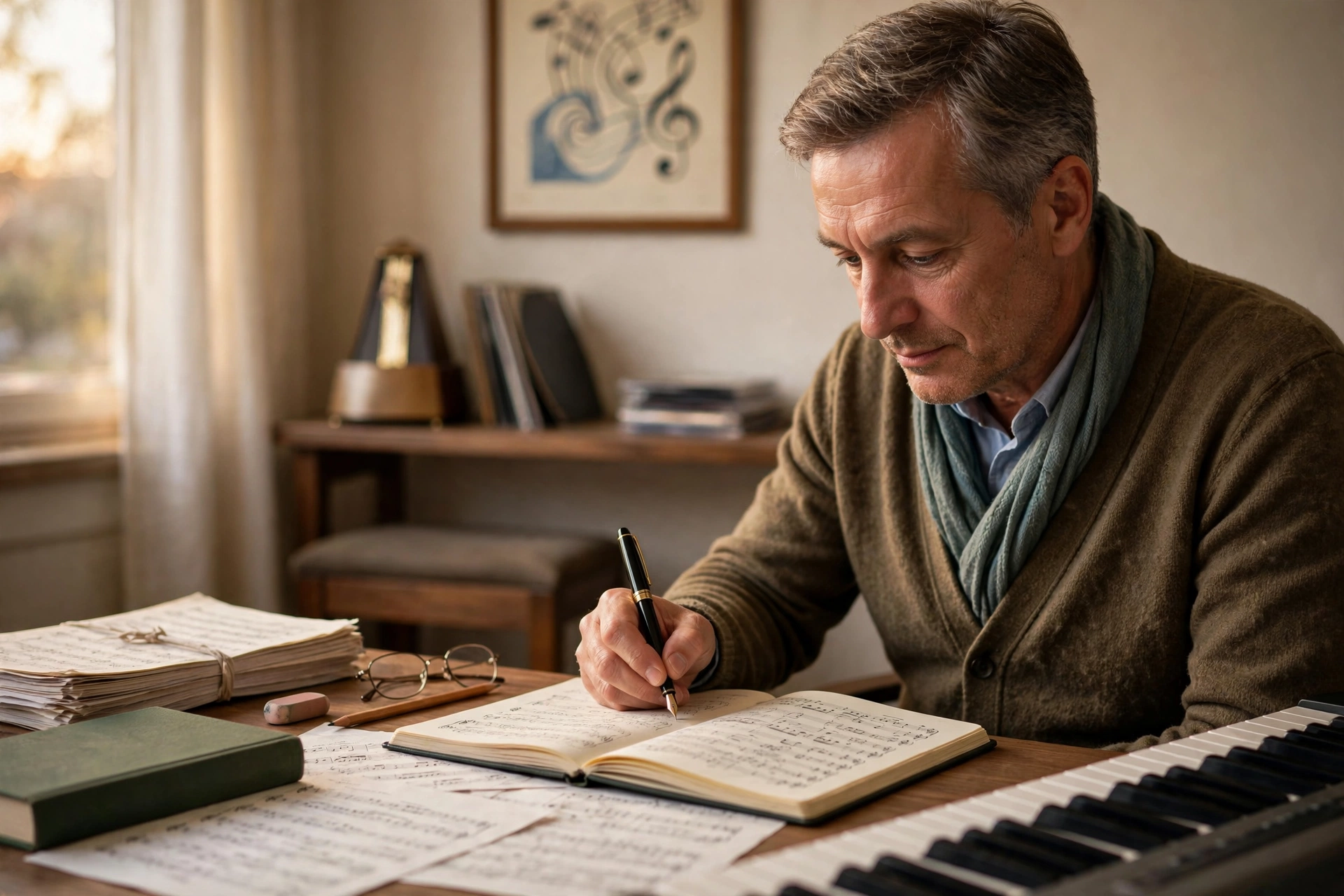 Professeur de musique écrivant des notes dans un carnet près d'un clavier et de partitions.