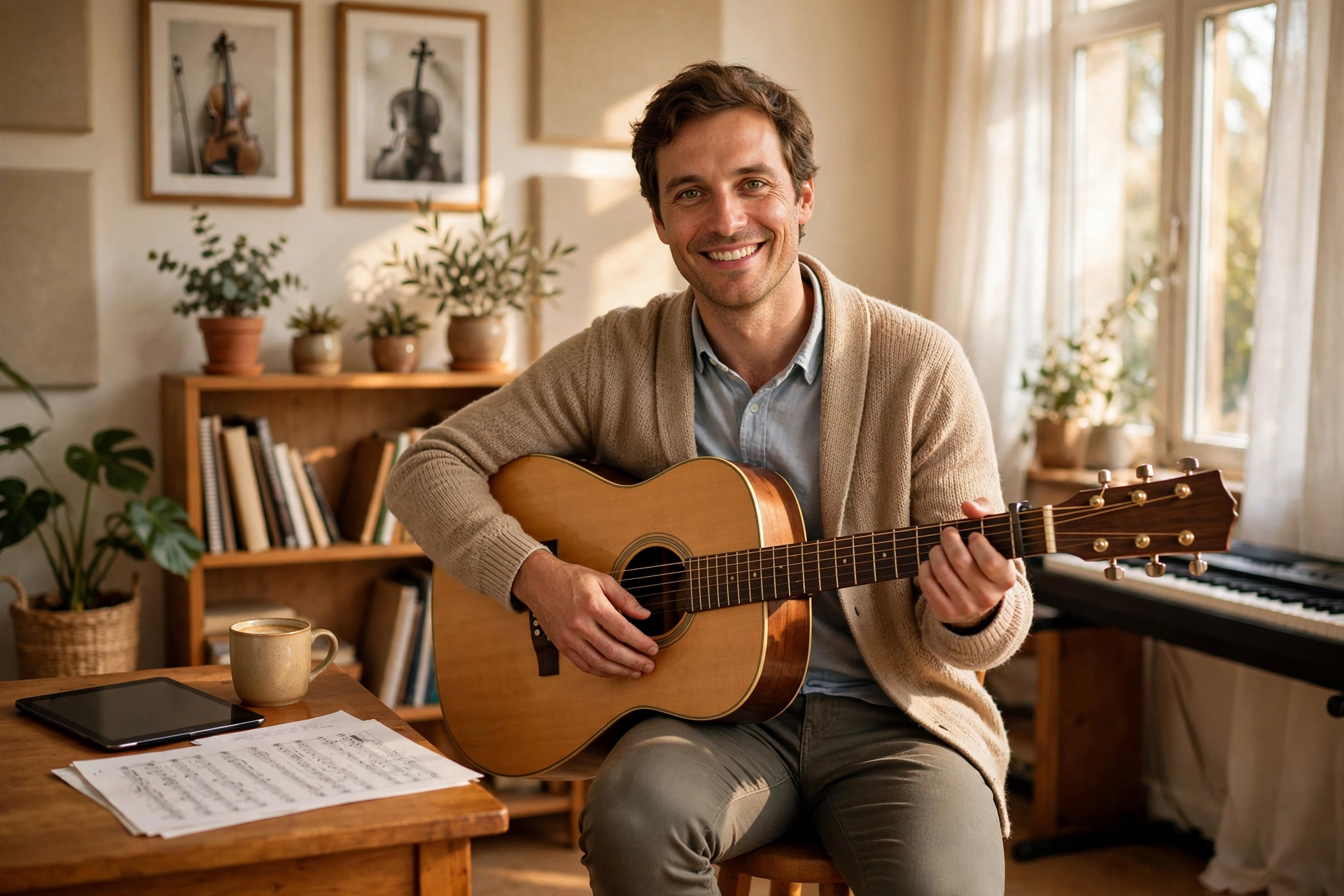 Professeur de musique souriant préparant une leçon avec une guitare, dans un studio lumineux et chaleureux.