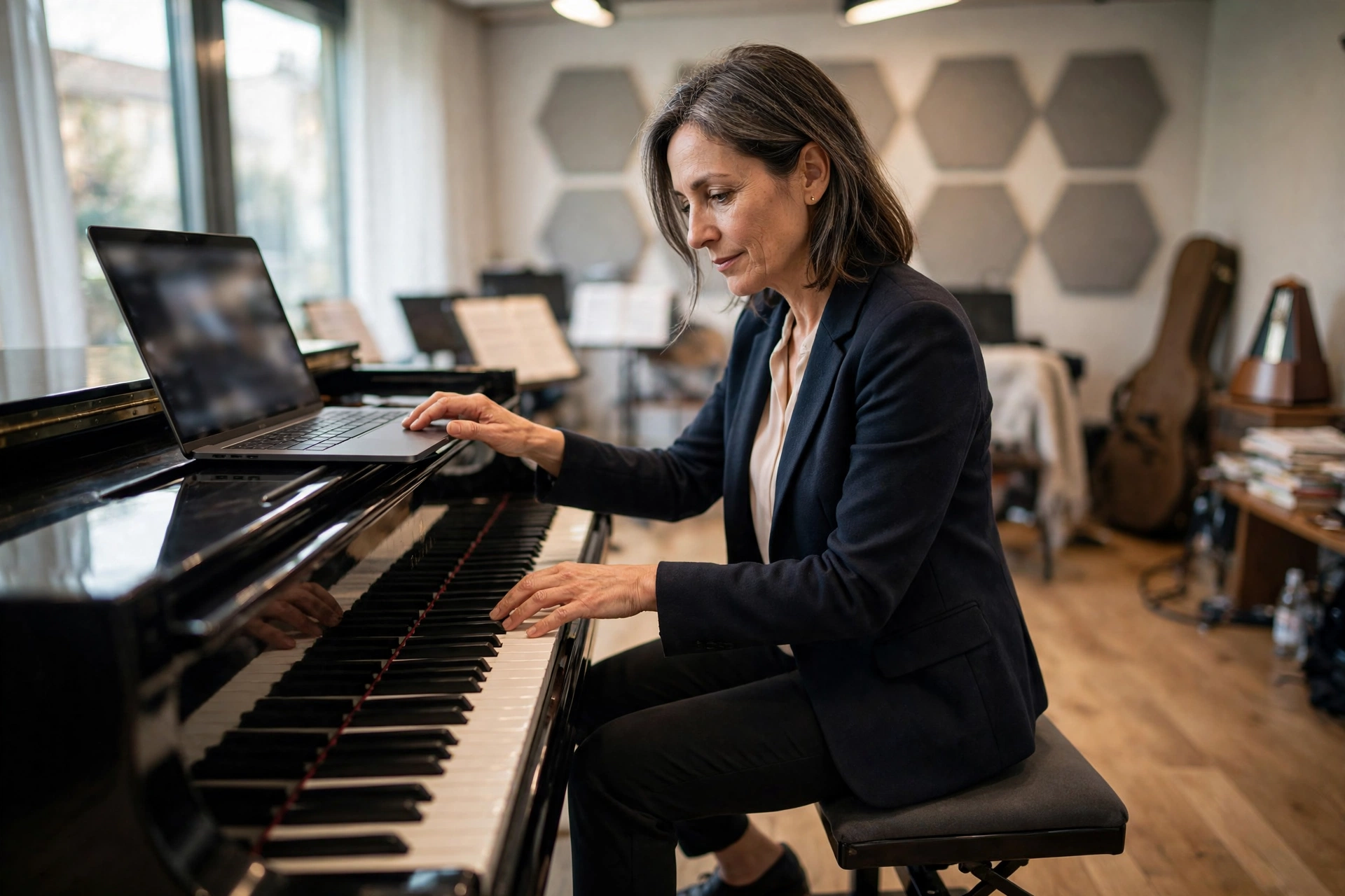 Professeur de piano utilisant un ordinateur portable dans une salle de répétition moderne.