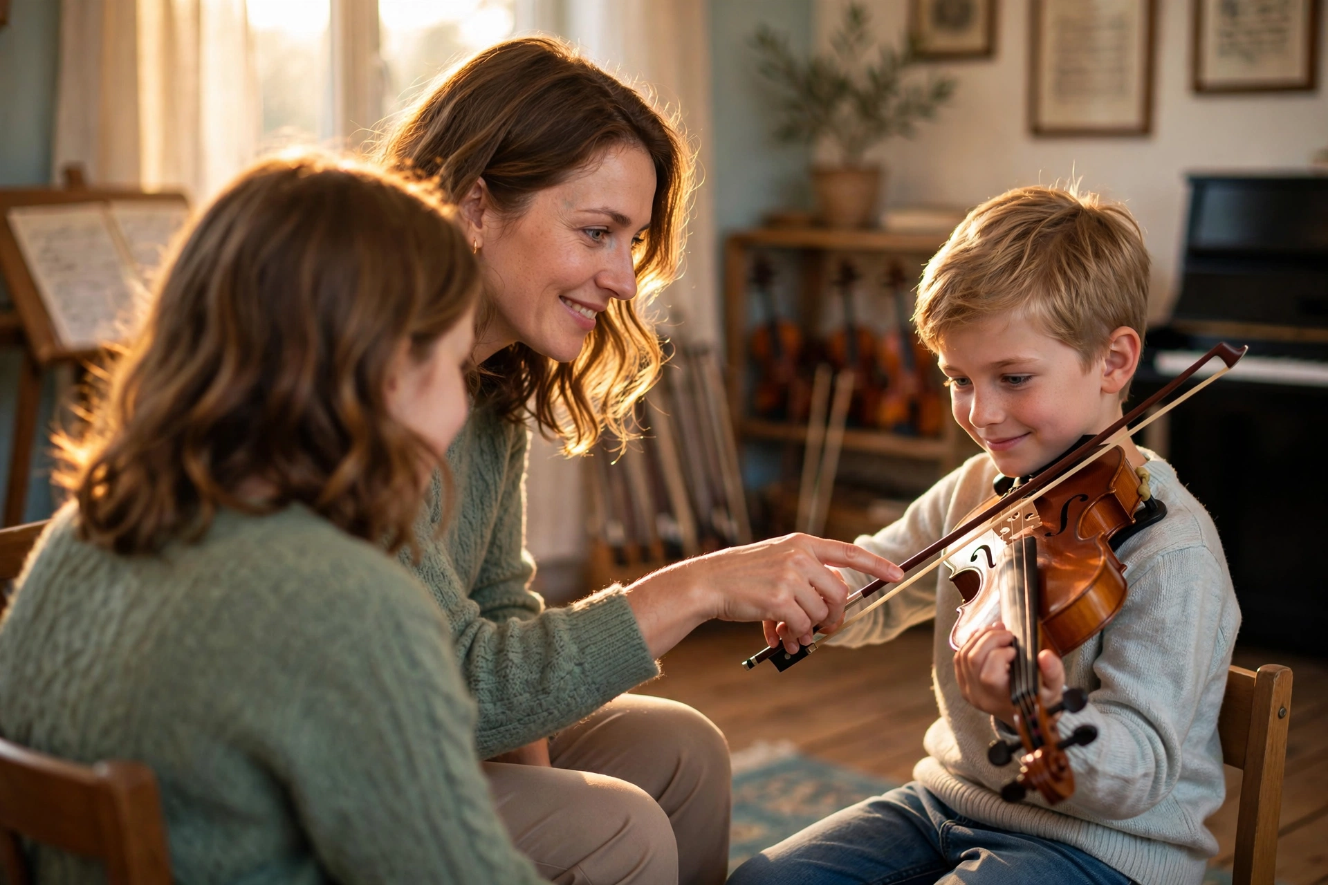 Professeure de violon échangeant avec un jeune élève dans une salle de musique chaleureuse.