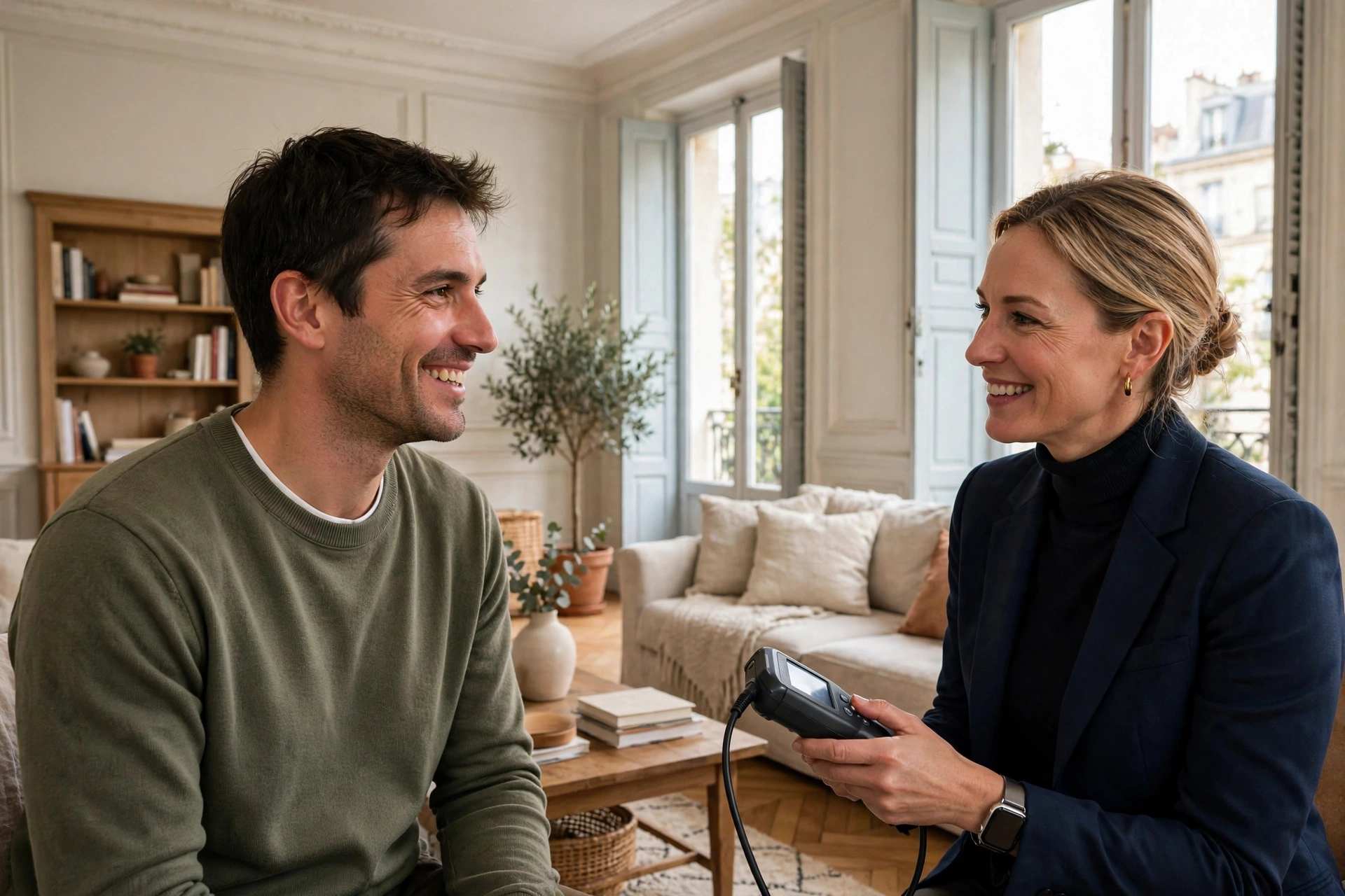 Propriétaire souriant échangeant avec un diagnostiqueur dans un salon lumineux