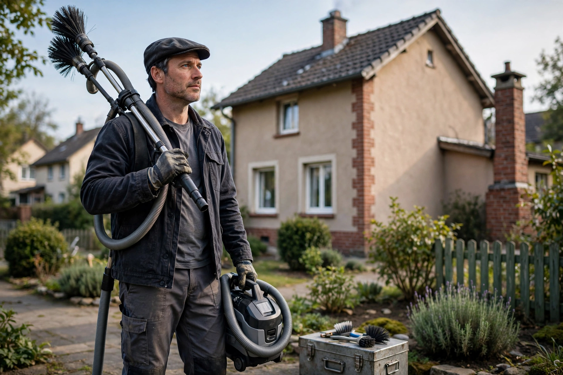 Ramoneur professionnel devant une maison individuelle, avec matériel de ramonage