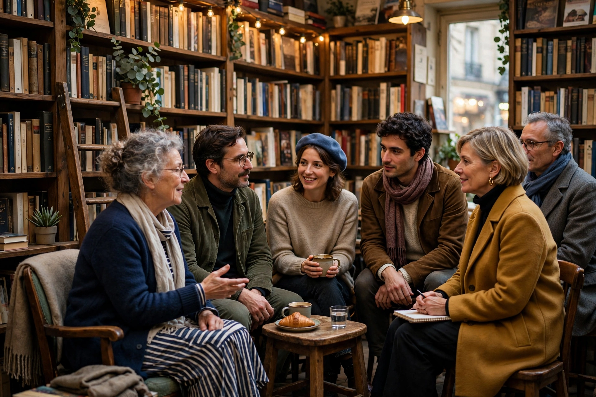 Rencontre littéraire conviviale dans une petite librairie, public assis parmi les rayonnages