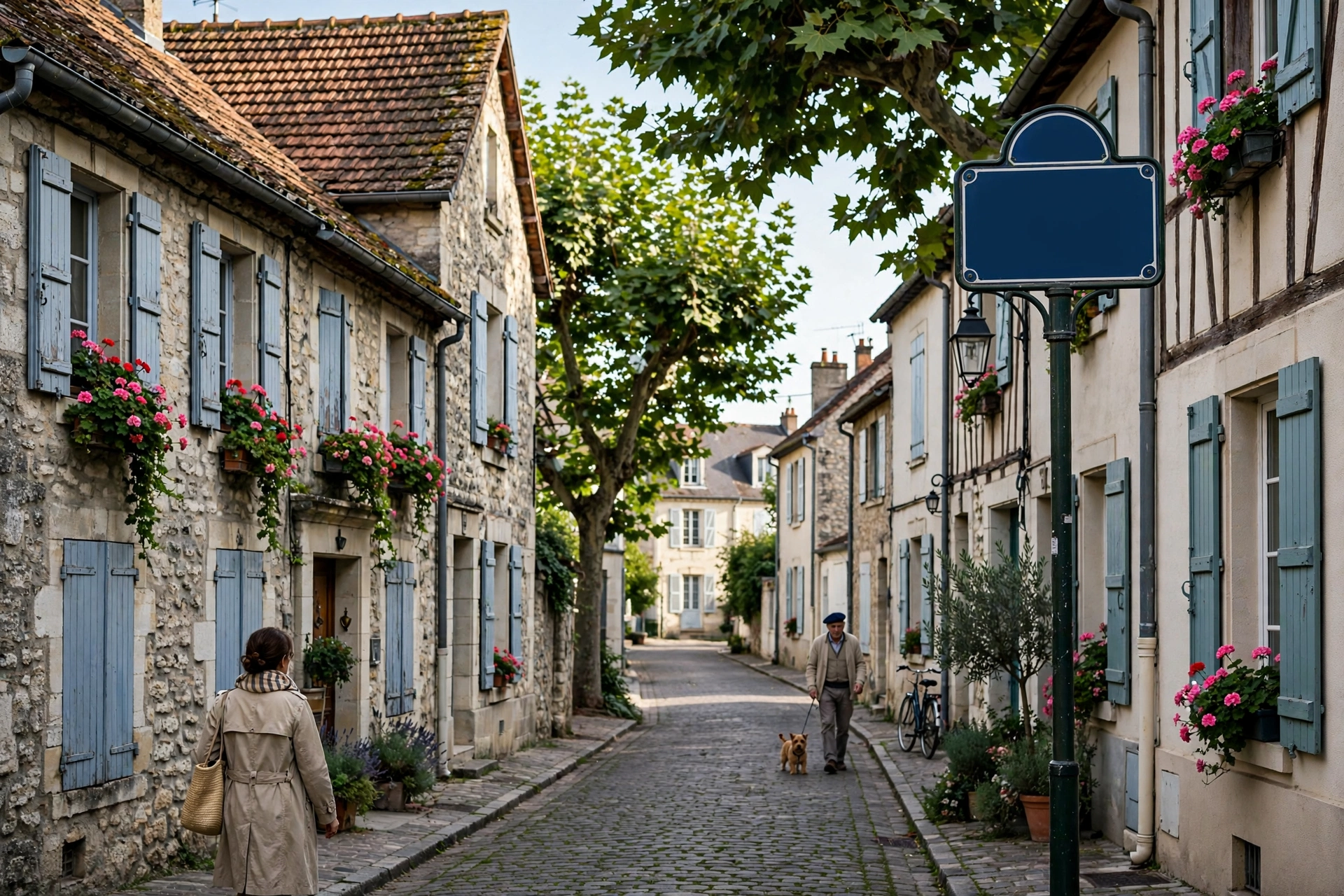 Rue résidentielle française avec maisons et panneau de quartier sans texte