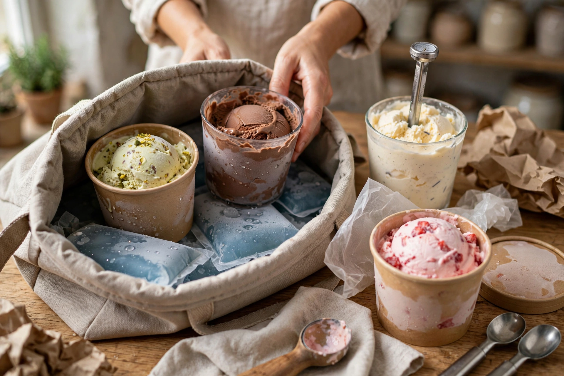Sac isotherme et pots de glaces artisanales prêts pour une commande à emporter