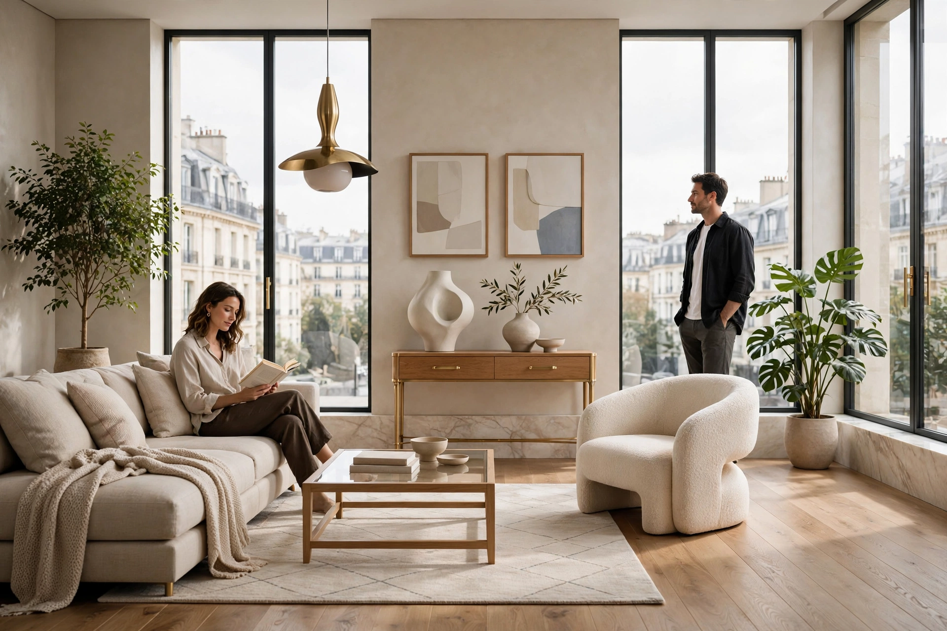 Salon haut de gamme baigné de lumière naturelle, photographié avec une composition architecturale soignée