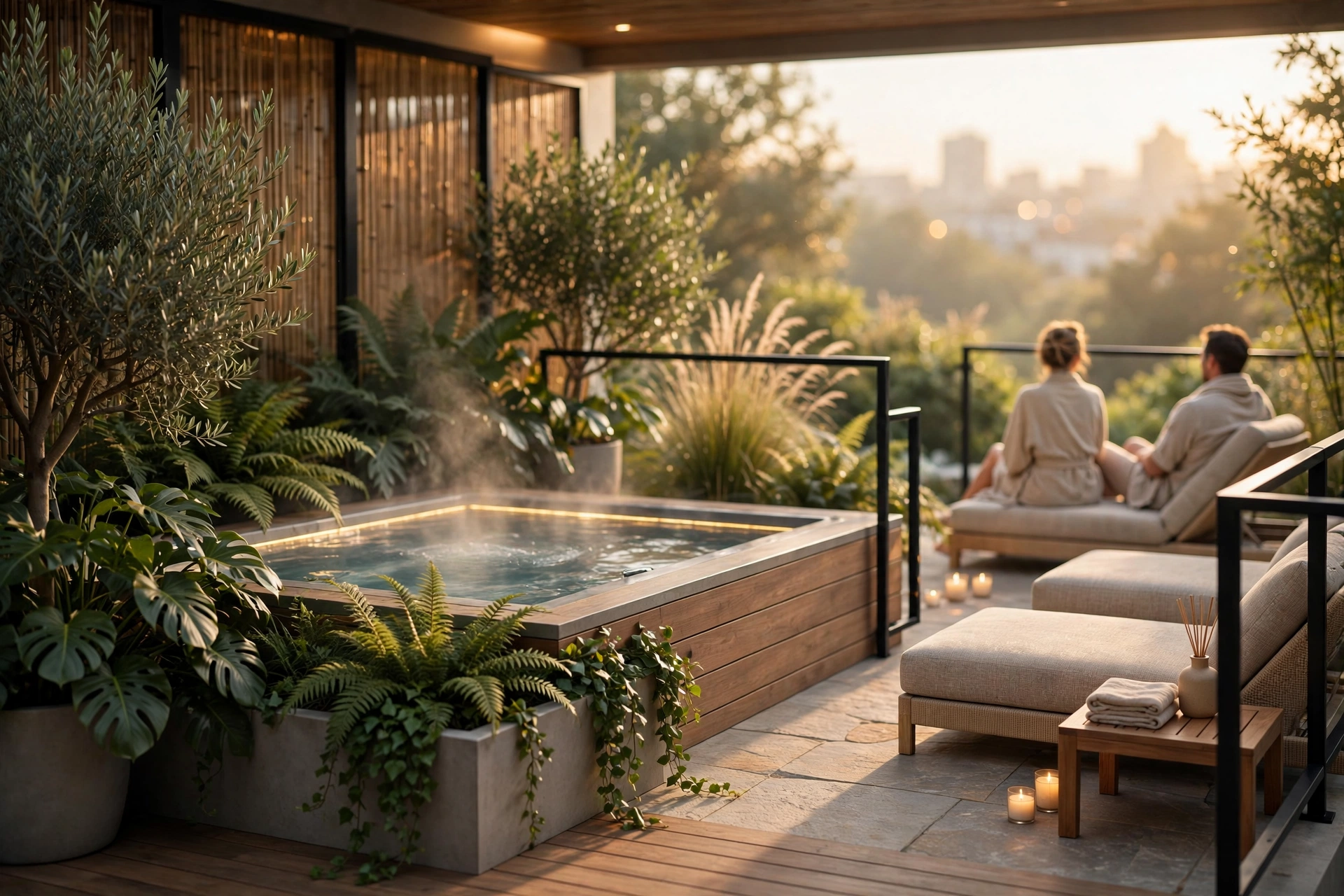 Spa extérieur élégant au bord d'une terrasse moderne entourée de plantes