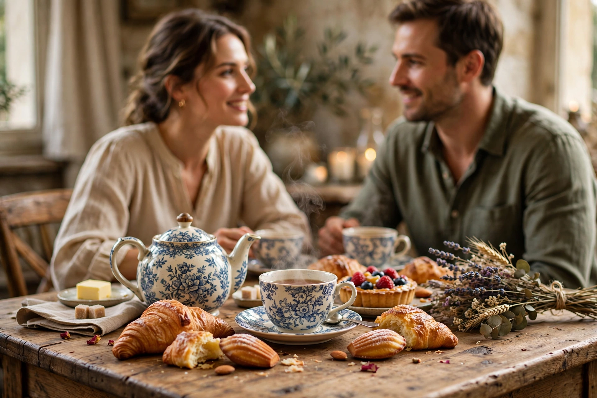 Table en bois avec théière, tasse de thé, pâtisseries artisanales et fleurs séchées.