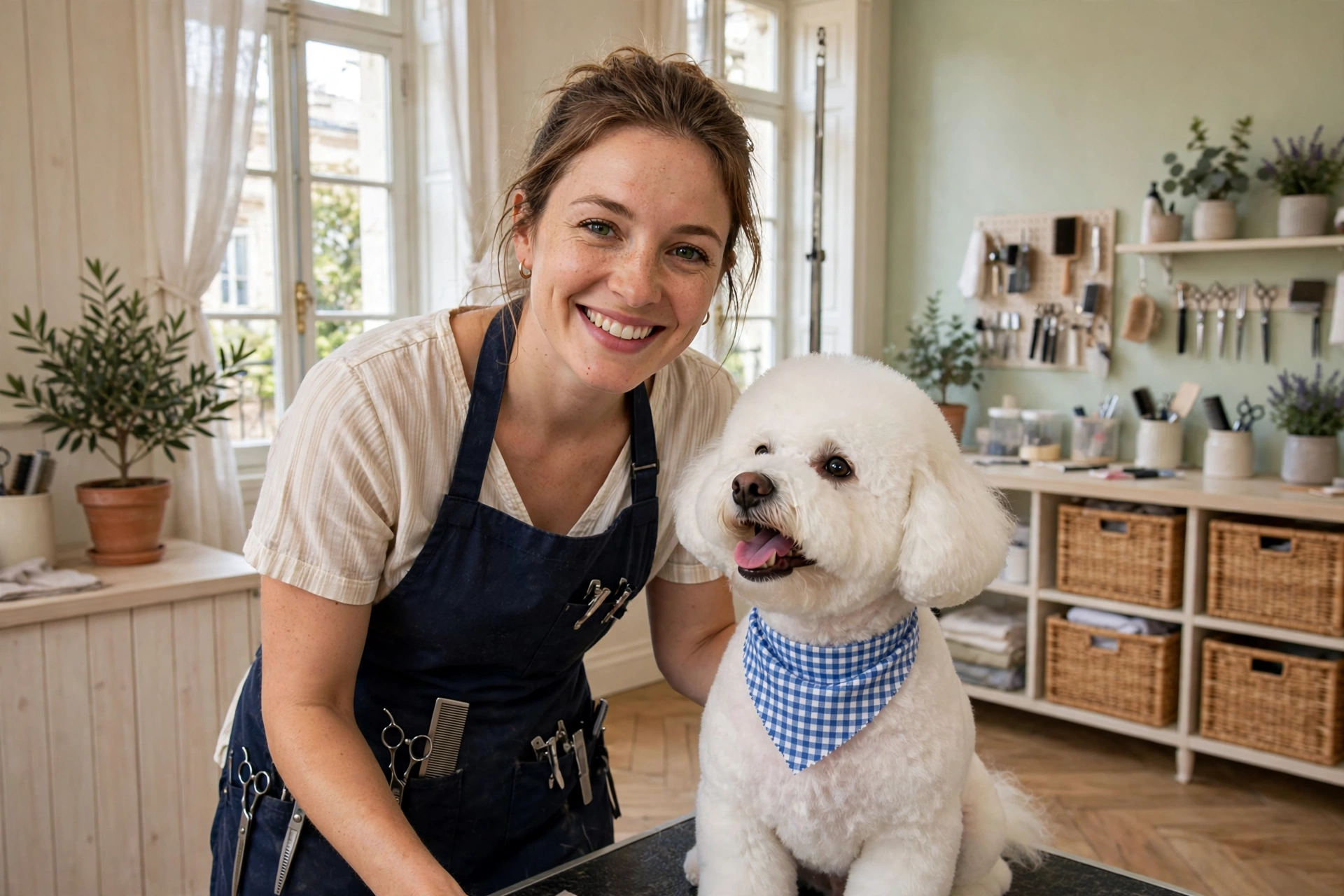 Toiletteur souriant dans un salon lumineux avec un chien bien toiletté