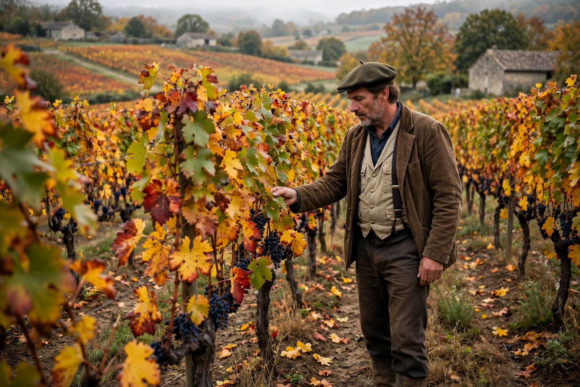 Vigneron inspectant des rangs de vigne aux couleurs automnales