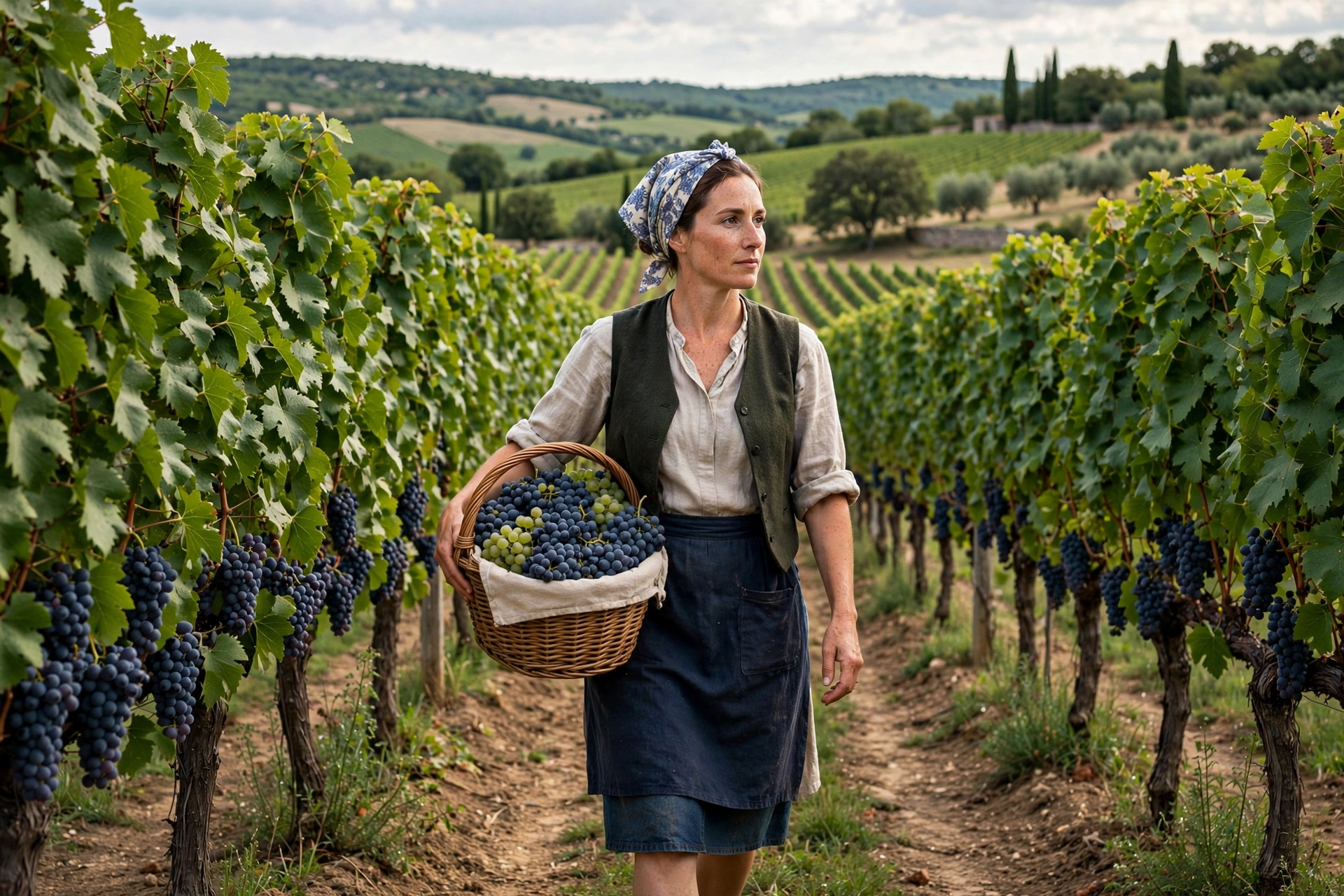 Vigneronne marchant entre les rangs de vigne avec un panier de raisins