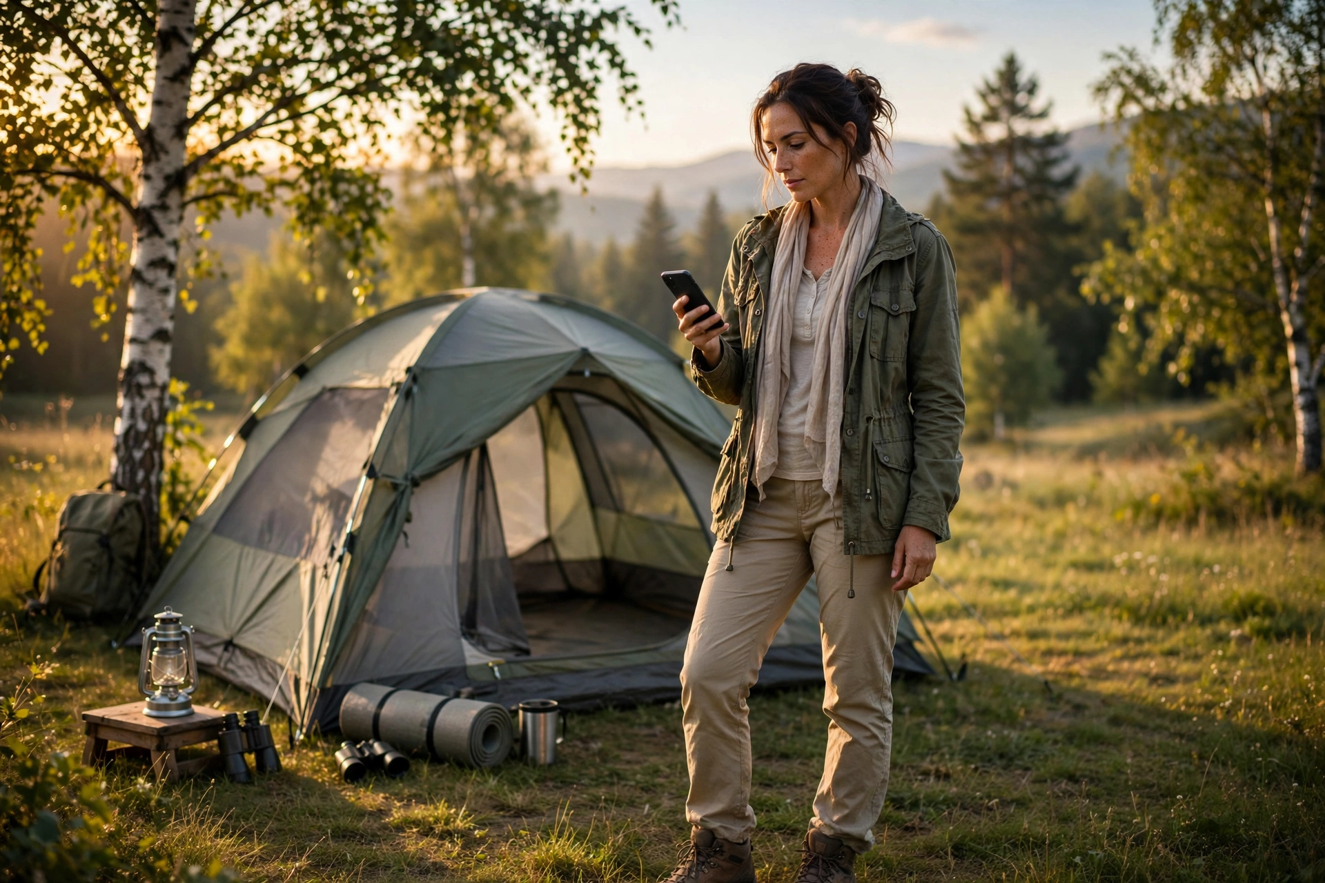 Voyageuse consultant un smartphone devant une tente dans un camping nature