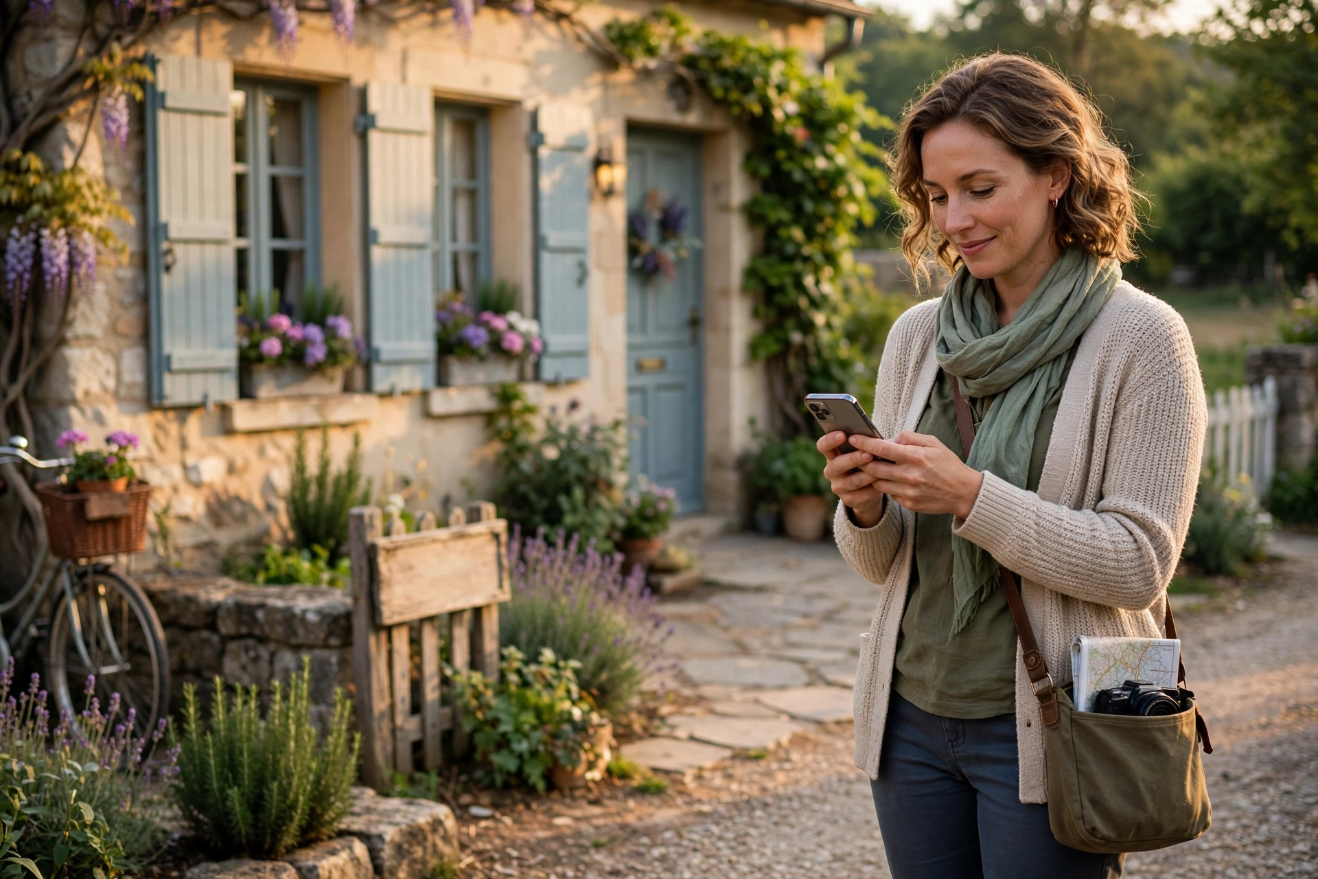 Voyageuse utilisant un smartphone devant une maison d'hôtes de campagne