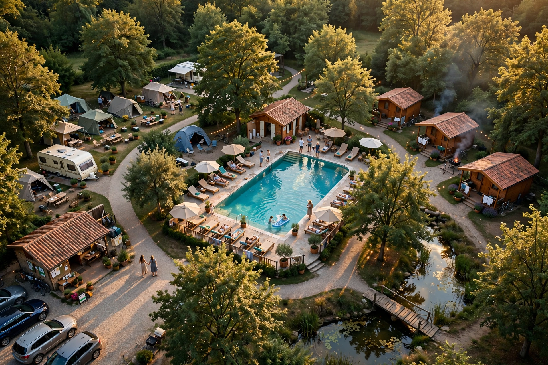 Vue aérienne décorative d'un camping arboré avec piscine et emplacements