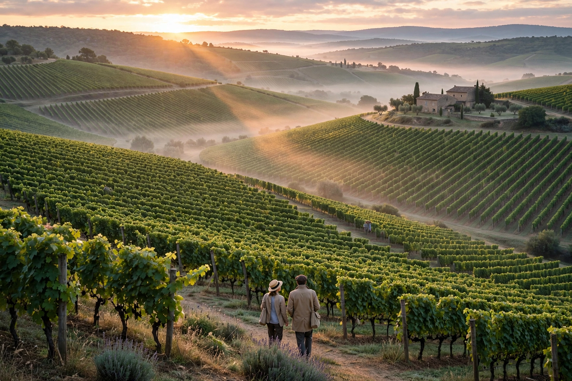 Vue élégante d'un vignoble vallonné avec rangs de vignes au lever du soleil