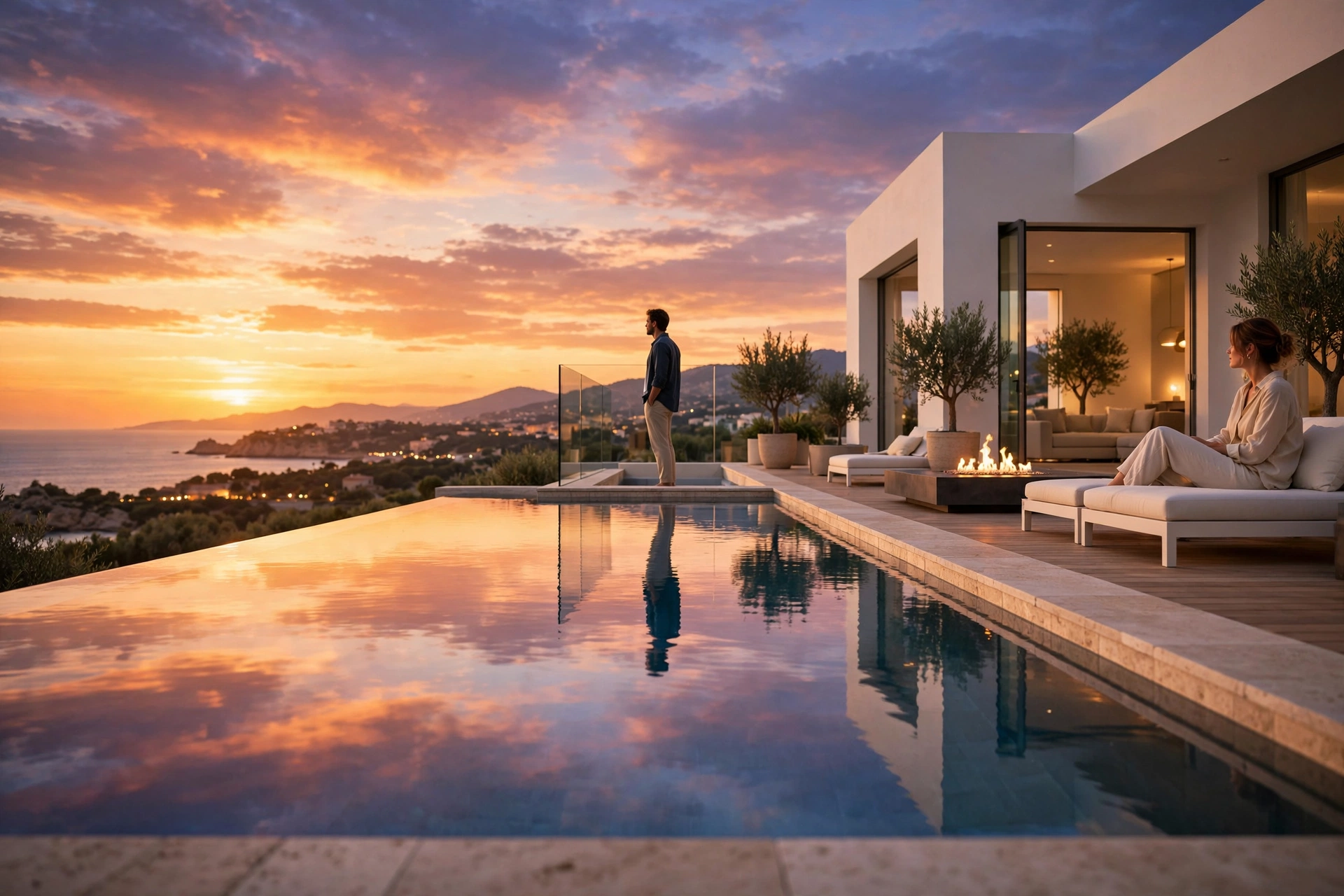 Vue élégante d'une piscine à débordement au coucher du soleil